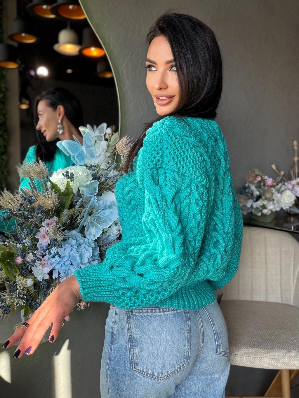 Merino wool hand knit blue turquoise merino cable knit sweater women jumper Loose chunky knit Scandinavian cable knit pullover