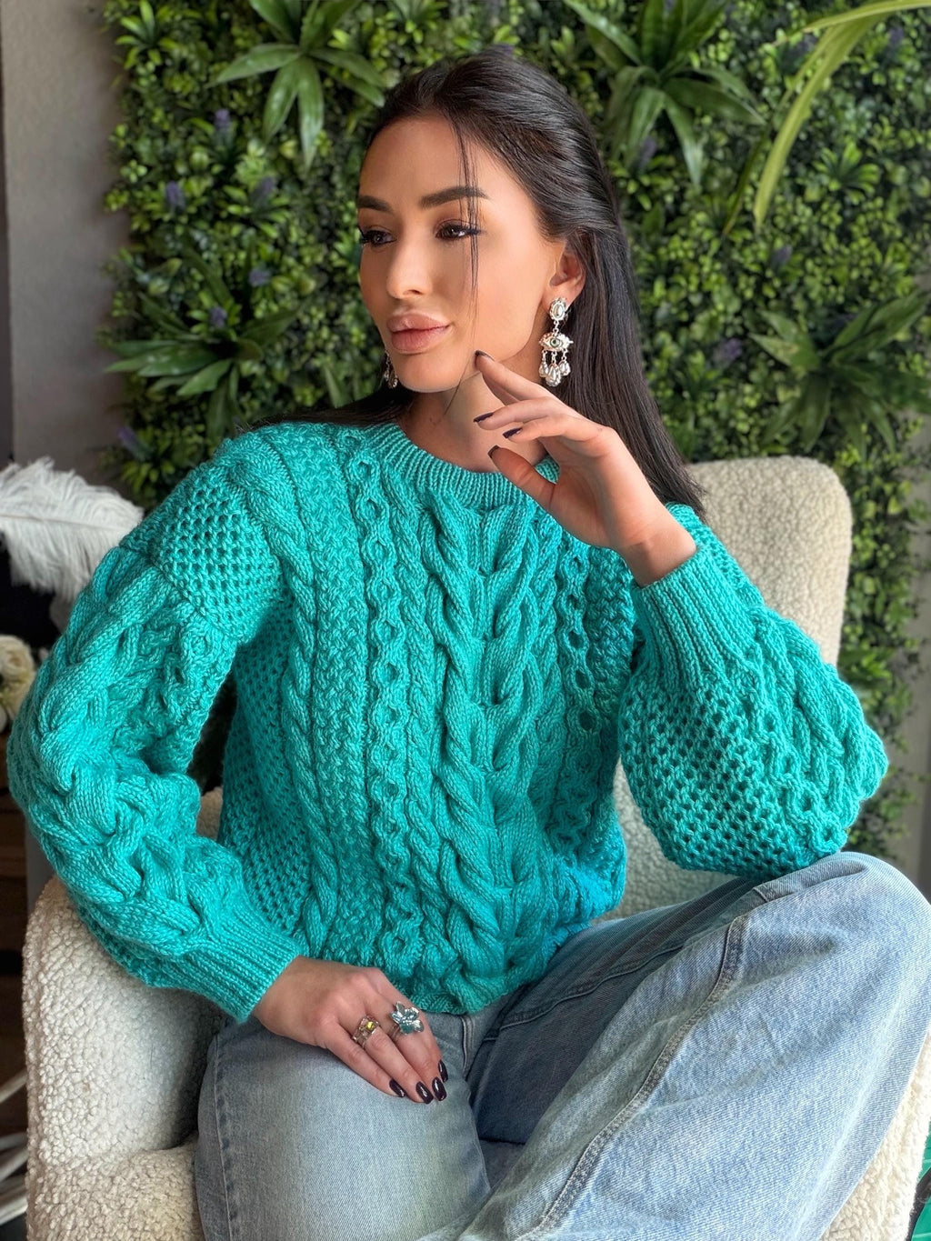 Merino wool hand knit blue turquoise merino cable knit sweater women jumper Loose chunky knit Scandinavian cable knit pullover