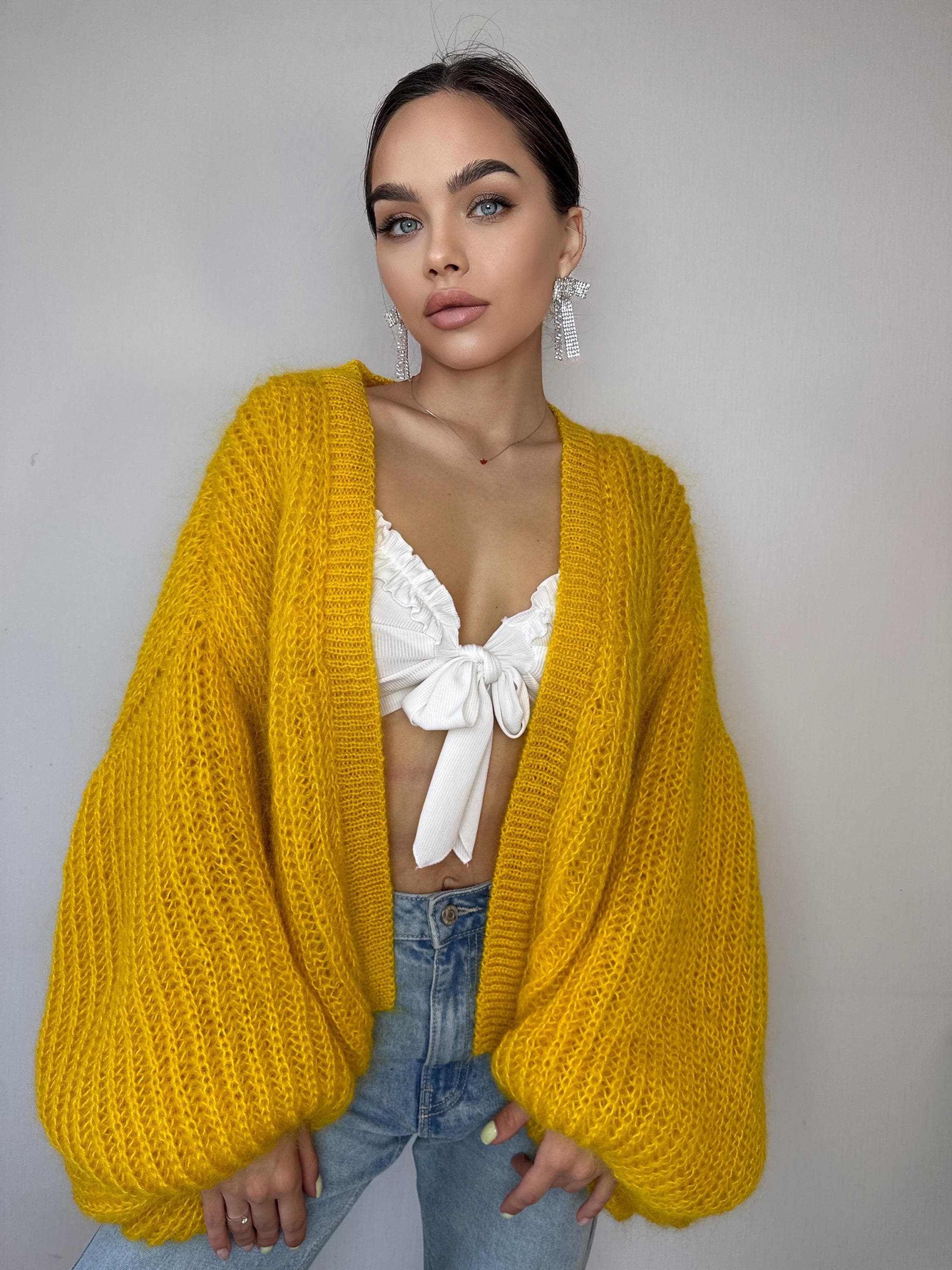 Mohair hand knit cardigan Yellow wonen Lemon Bright cardigan sweater knitted coat Jacket Women Bridal shrug bolero wool Fluffy short card