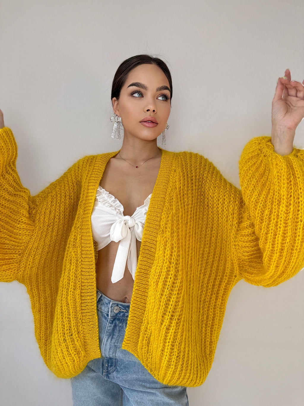Mohair hand knit cardigan Yellow wonen Lemon Bright cardigan sweater knitted coat Jacket Women Bridal shrug bolero wool Fluffy short card