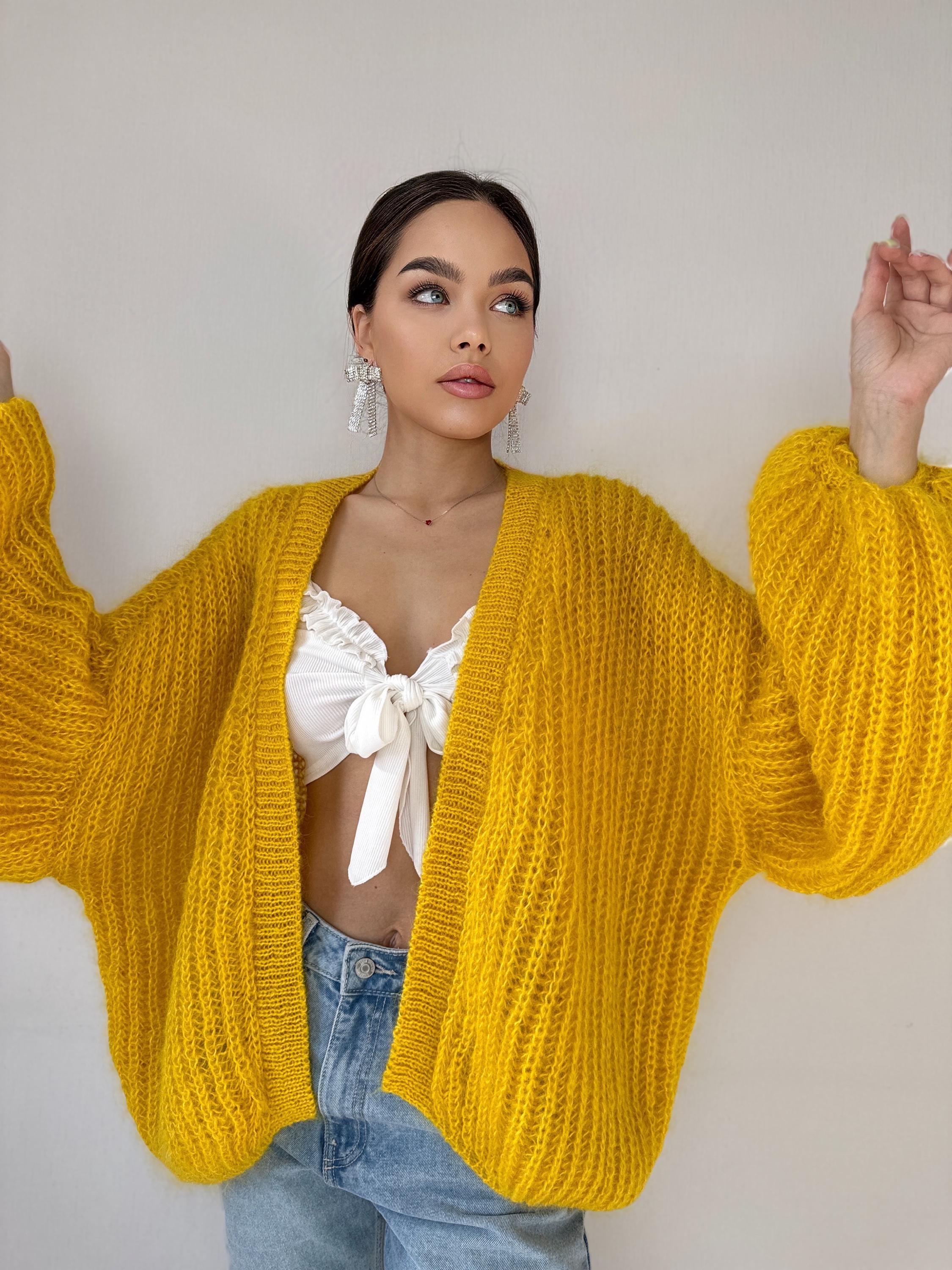 Mohair hand knit cardigan Yellow wonen Lemon Bright cardigan sweater knitted coat Jacket Women Bridal shrug bolero wool Fluffy short card