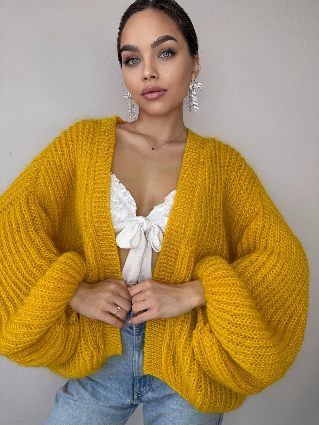 Mohair hand knit cardigan Yellow wonen Lemon Bright cardigan sweater knitted coat Jacket Women Bridal shrug bolero wool Fluffy short card