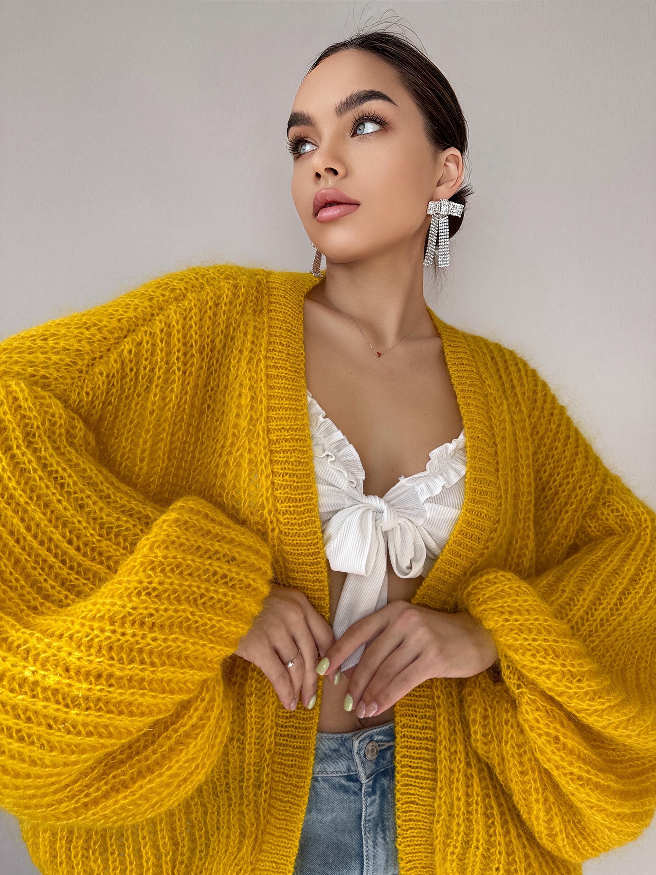Mohair hand knit cardigan Yellow wonen Lemon Bright cardigan sweater knitted coat Jacket Women Bridal shrug bolero wool Fluffy short card