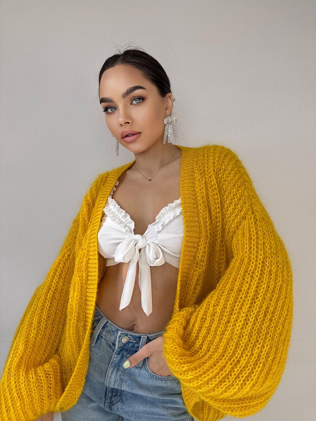 Mohair hand knit cardigan Yellow wonen Lemon Bright cardigan sweater knitted coat Jacket Women Bridal shrug bolero wool Fluffy short card