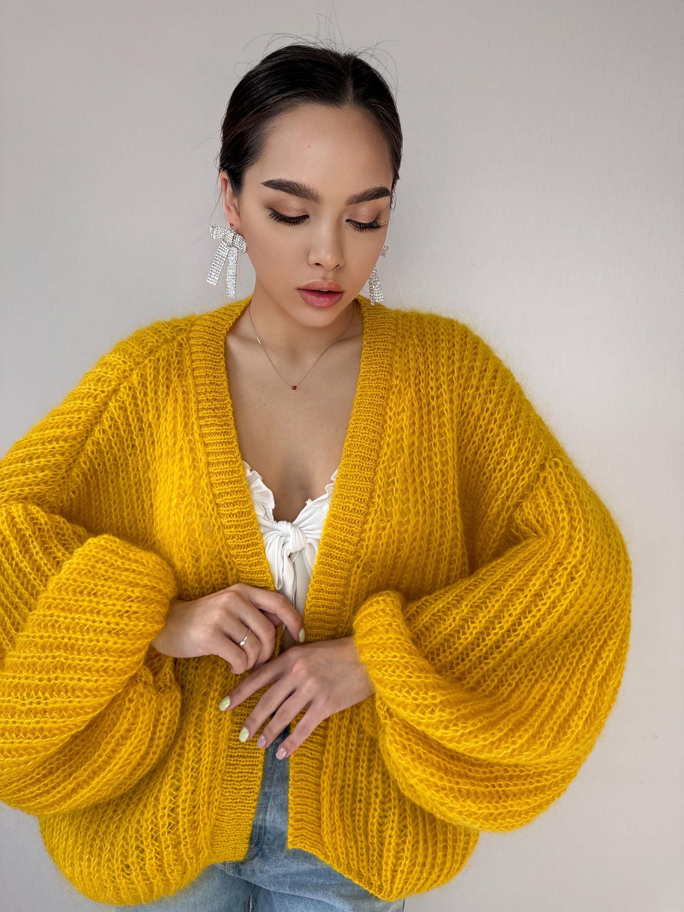 Mohair hand knit cardigan Yellow wonen Lemon Bright cardigan sweater knitted coat Jacket Women Bridal shrug bolero wool Fluffy short card