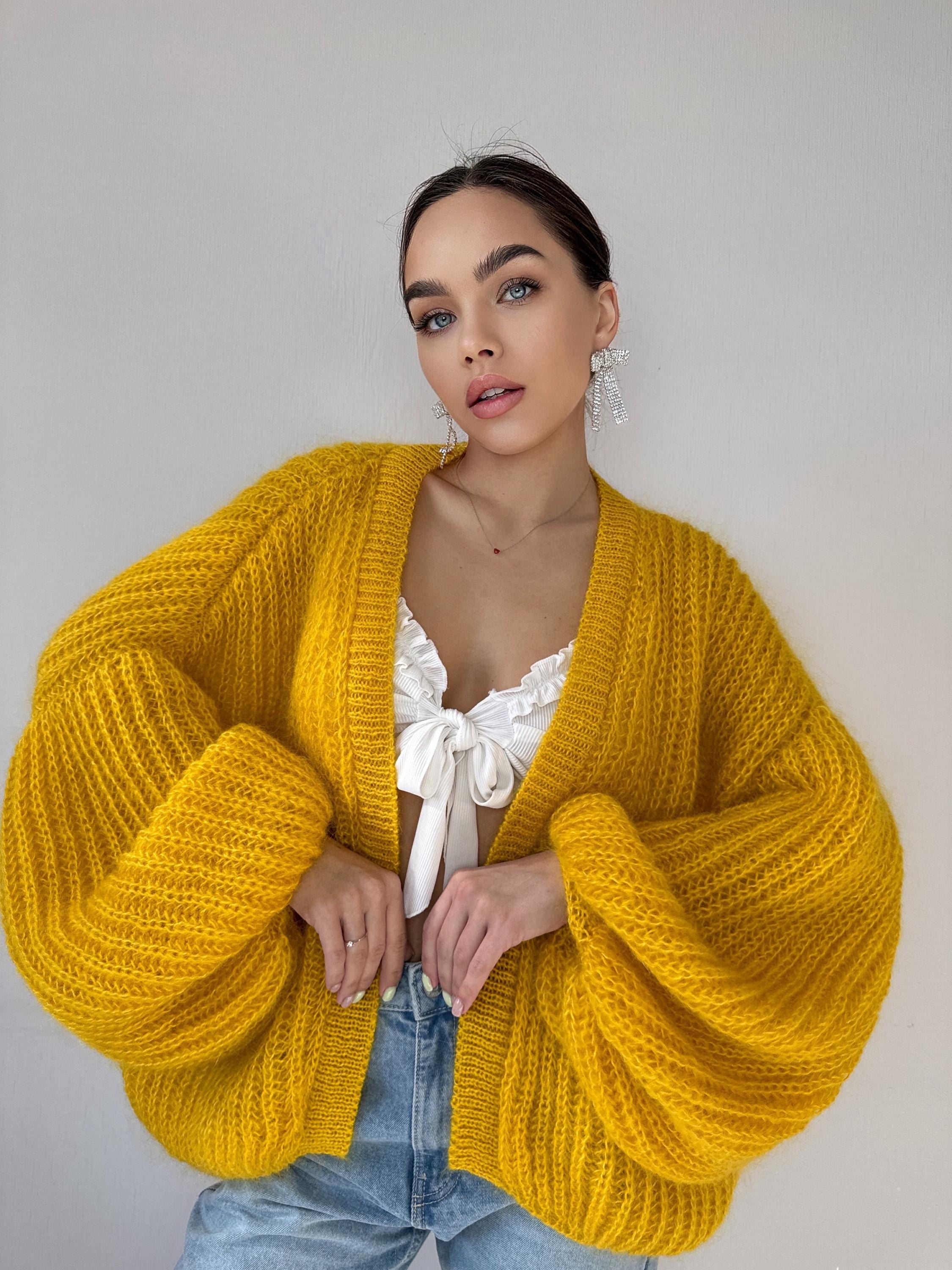 Mohair hand knit cardigan Yellow wonen Lemon Bright cardigan sweater knitted coat Jacket Women Bridal shrug bolero wool Fluffy short card