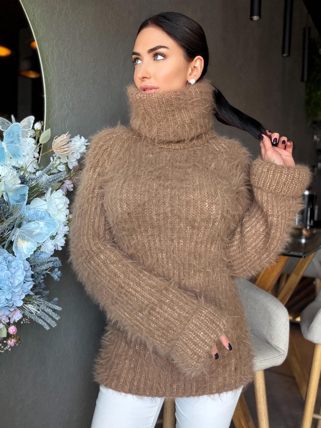 Large hand knit beige brown fluffy merino wool turtleneck sweater High collar long soft chunky knit sweater dress Chunky knit big pullove