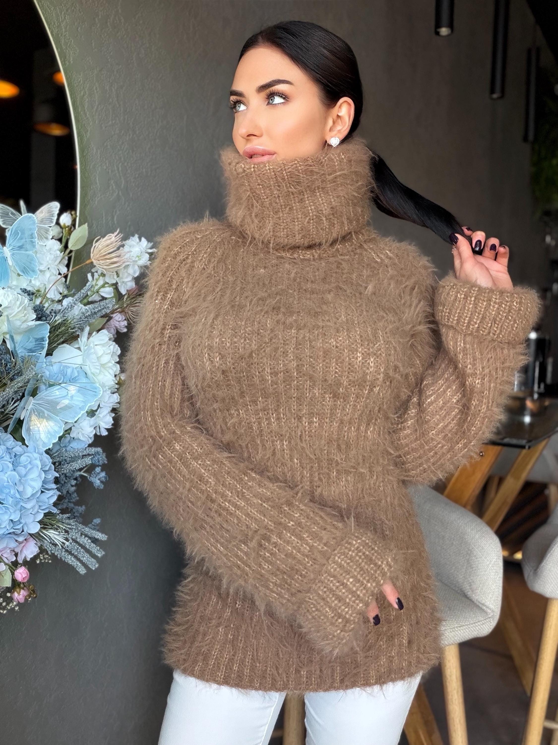Large hand knit beige brown fluffy merino wool turtleneck sweater High collar long soft chunky knit sweater dress Chunky knit big pullove