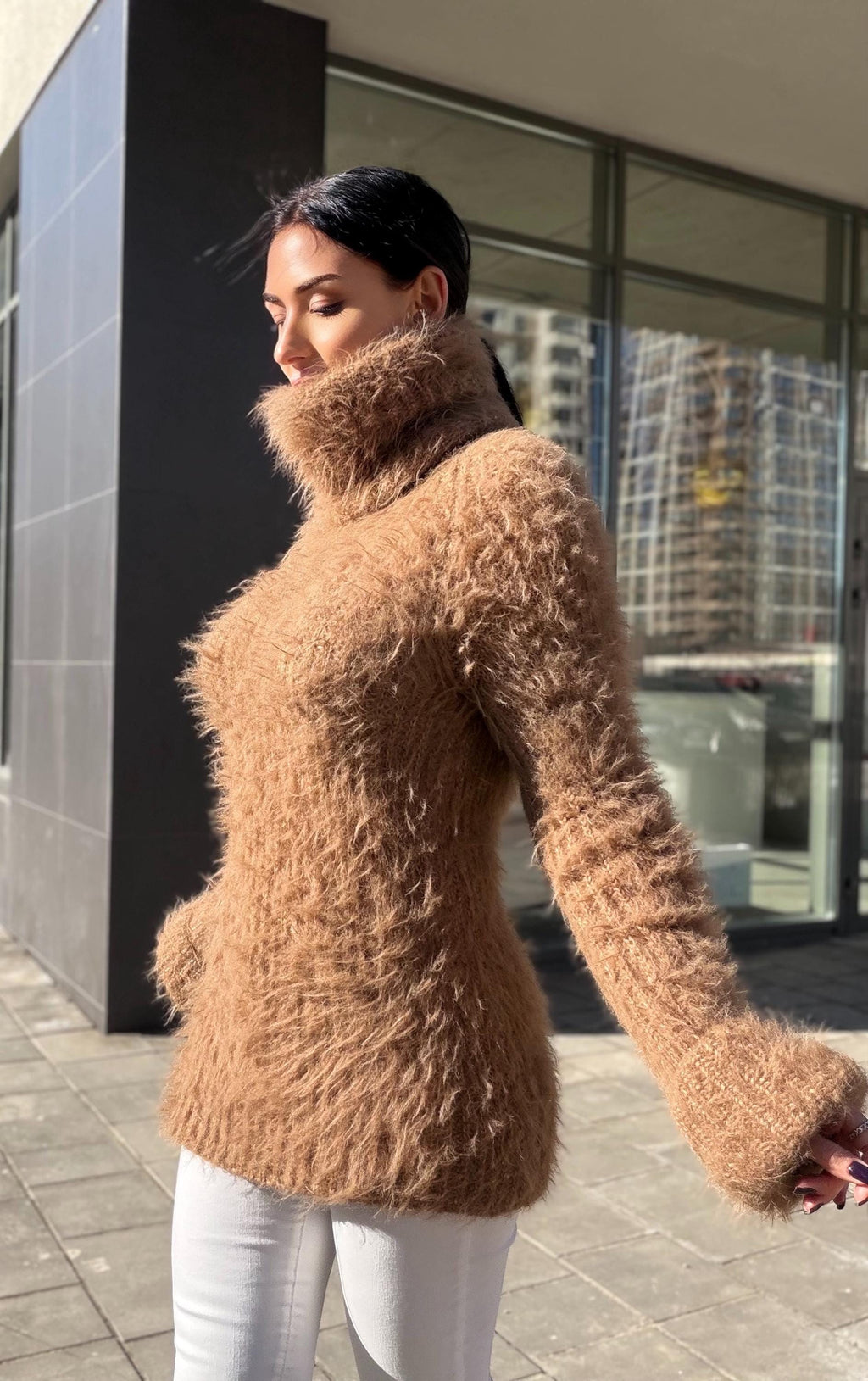 Large hand knit beige brown fluffy merino wool turtleneck sweater High collar long soft chunky knit sweater dress Chunky knit big pullove