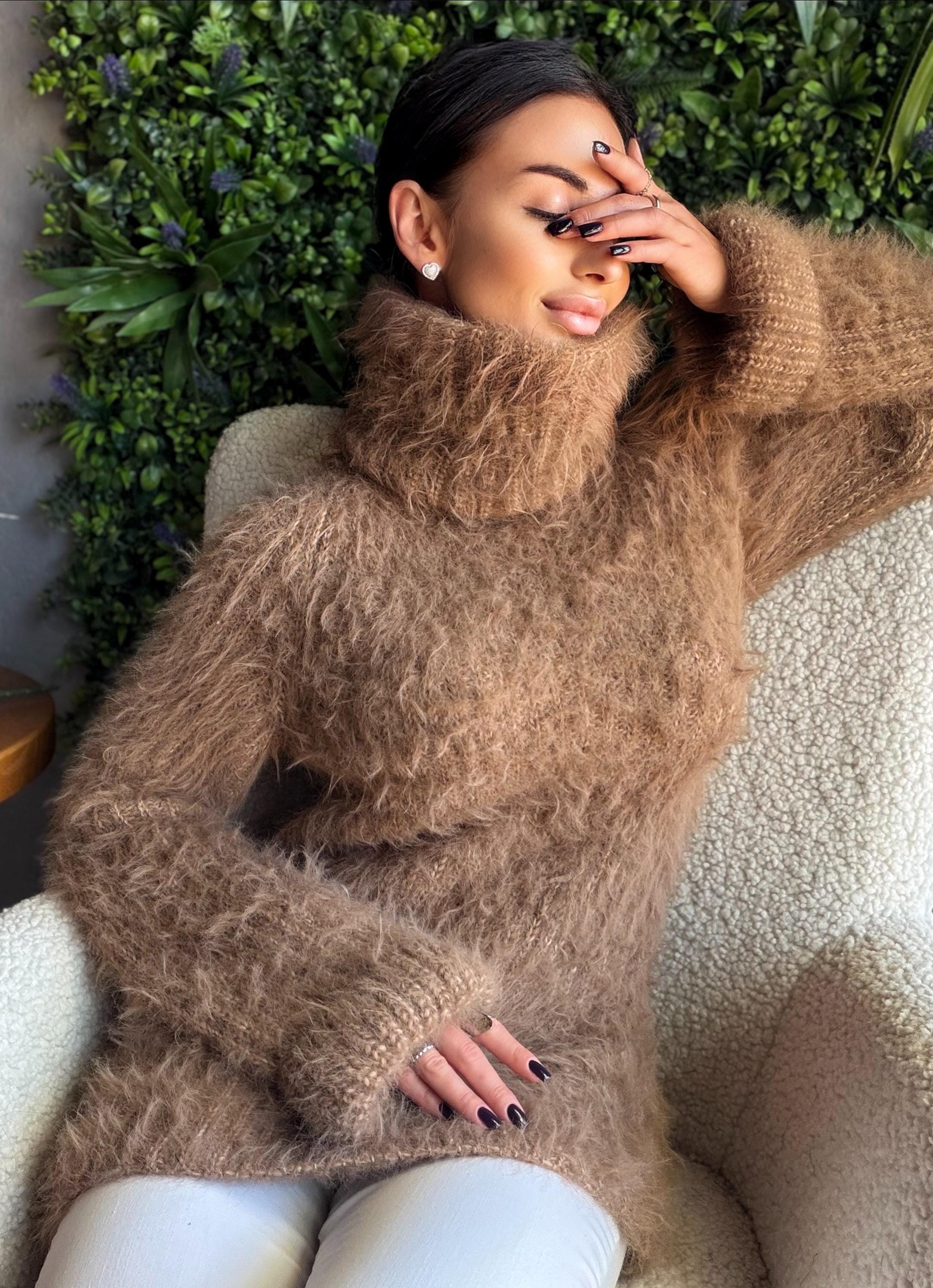 Large hand knit beige brown fluffy merino wool turtleneck sweater High collar long soft chunky knit sweater dress Chunky knit big pullove