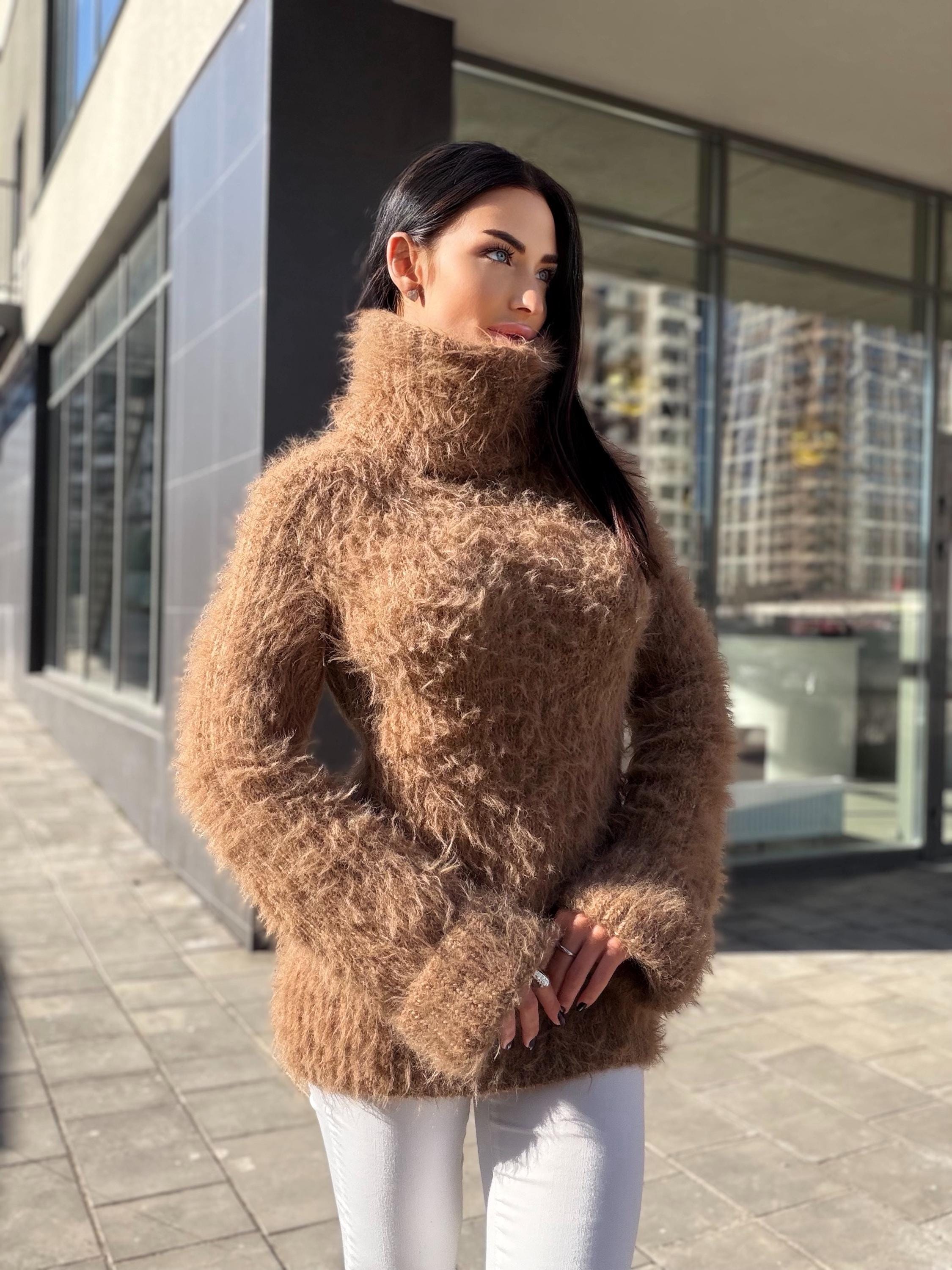 Large hand knit beige brown fluffy merino wool turtleneck sweater High collar long soft chunky knit sweater dress Chunky knit big pullove