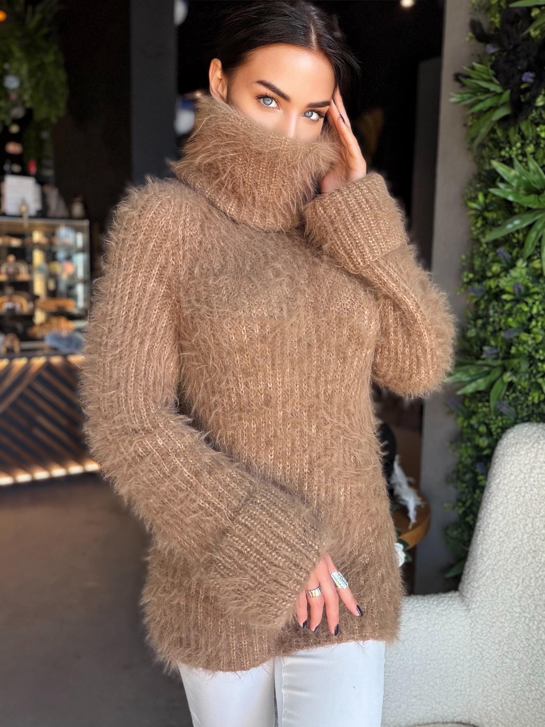 Large hand knit beige brown fluffy merino wool turtleneck sweater High collar long soft chunky knit sweater dress Chunky knit big pullove