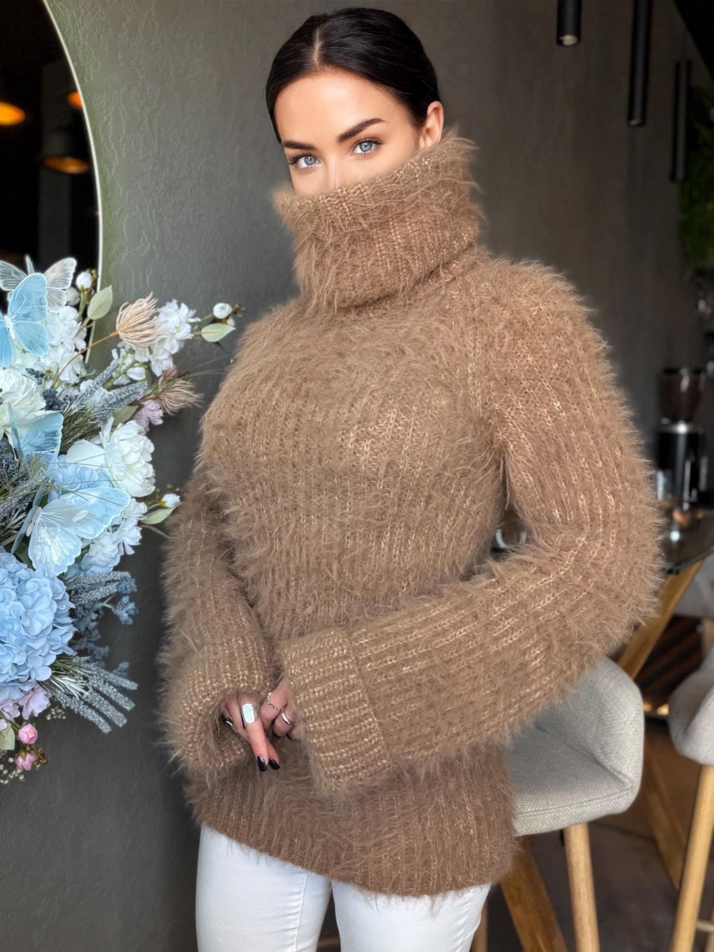 Large hand knit beige brown fluffy merino wool turtleneck sweater High collar long soft chunky knit sweater dress Chunky knit big pullove