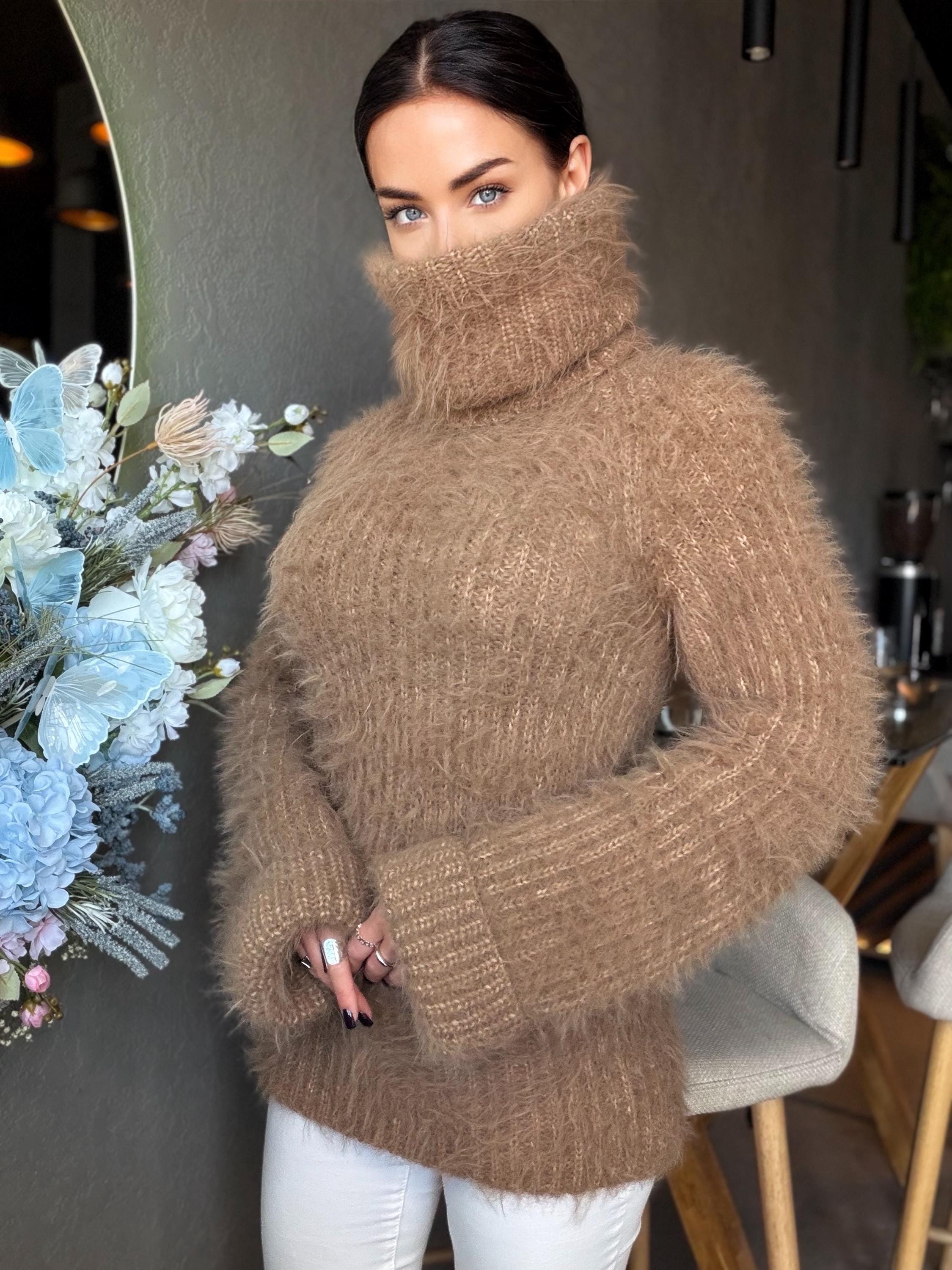 Large hand knit beige brown fluffy merino wool turtleneck sweater High collar long soft chunky knit sweater dress Chunky knit big pullove