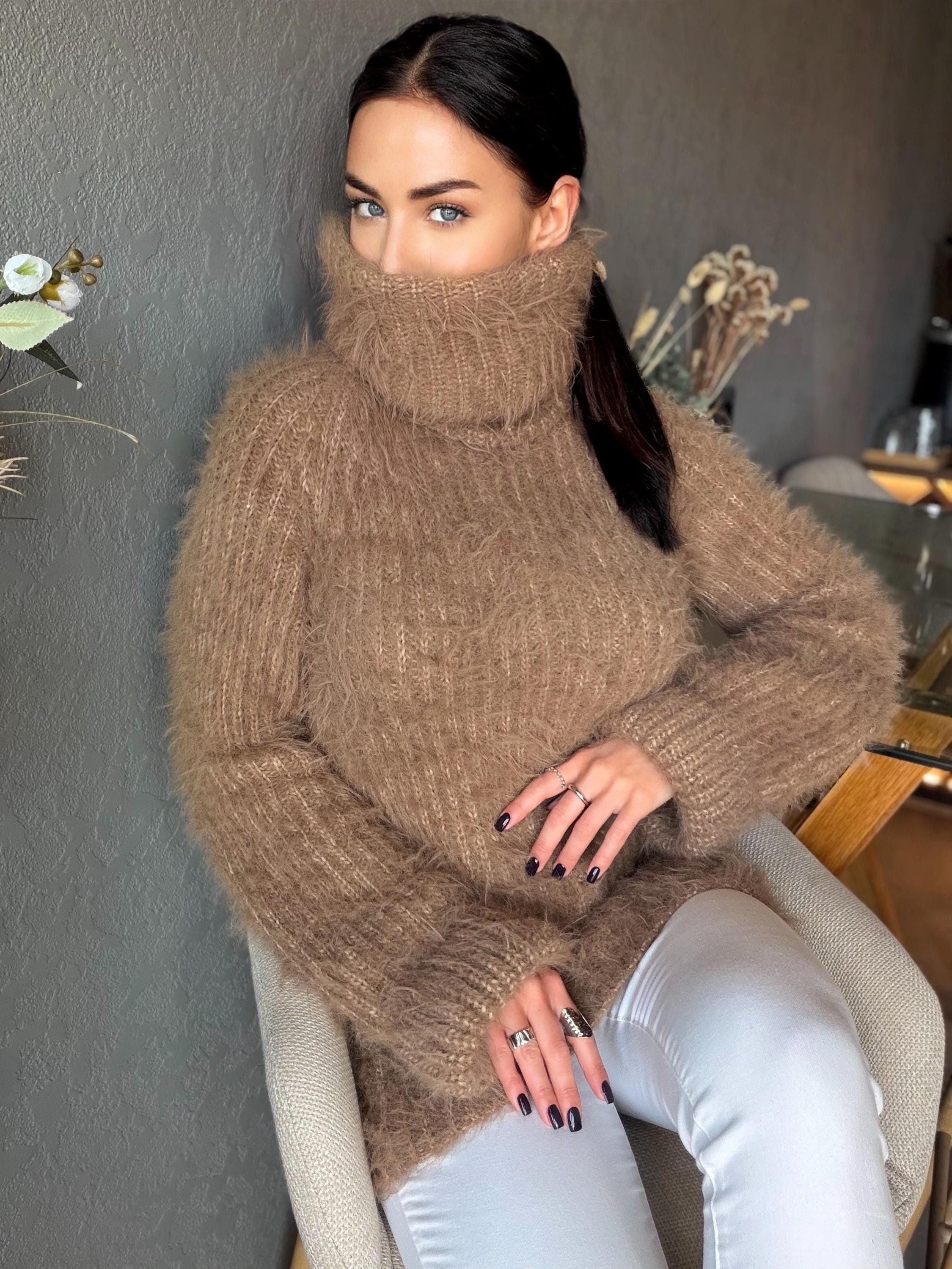 Large hand knit beige brown fluffy merino wool turtleneck sweater High collar long soft chunky knit sweater dress Chunky knit big pullove