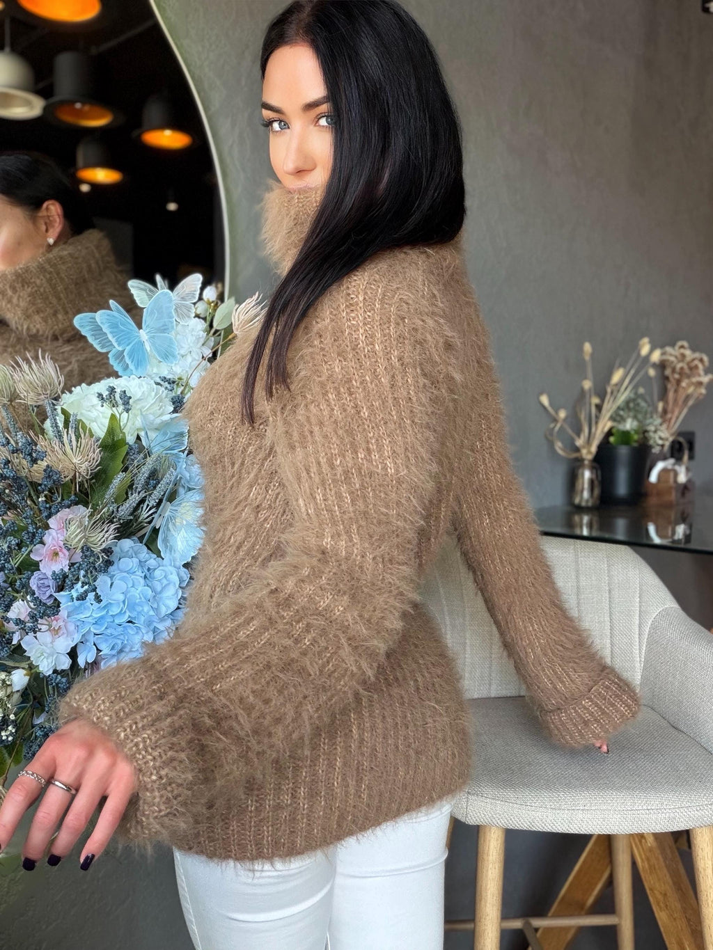 Large hand knit beige brown fluffy merino wool turtleneck sweater High collar long soft chunky knit sweater dress Chunky knit big pullove