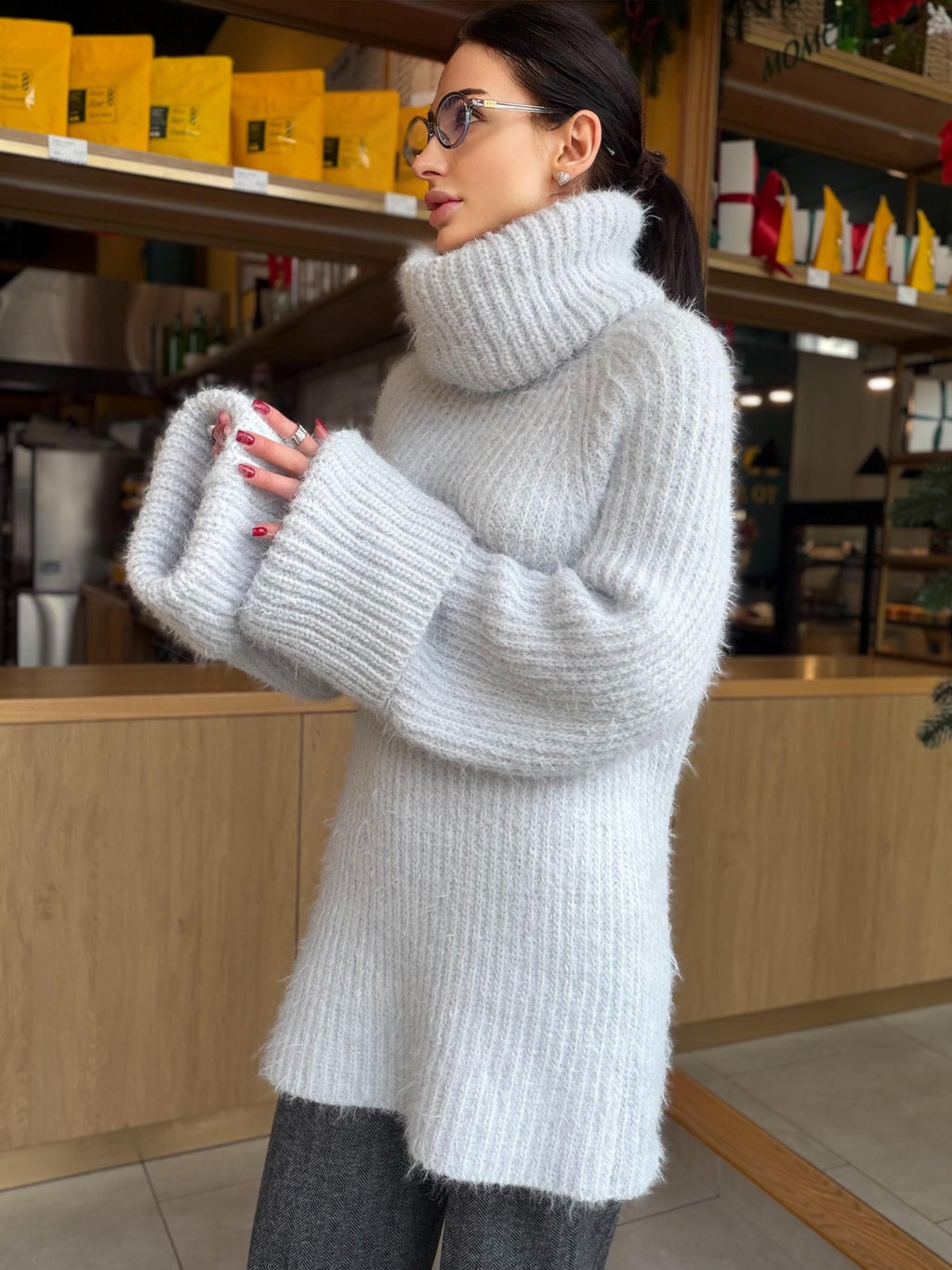 Hand knit Light blue gray fluffy large merino wool turtleneck sweater High collar long soft chunky knit sweater dress Knit big pullover