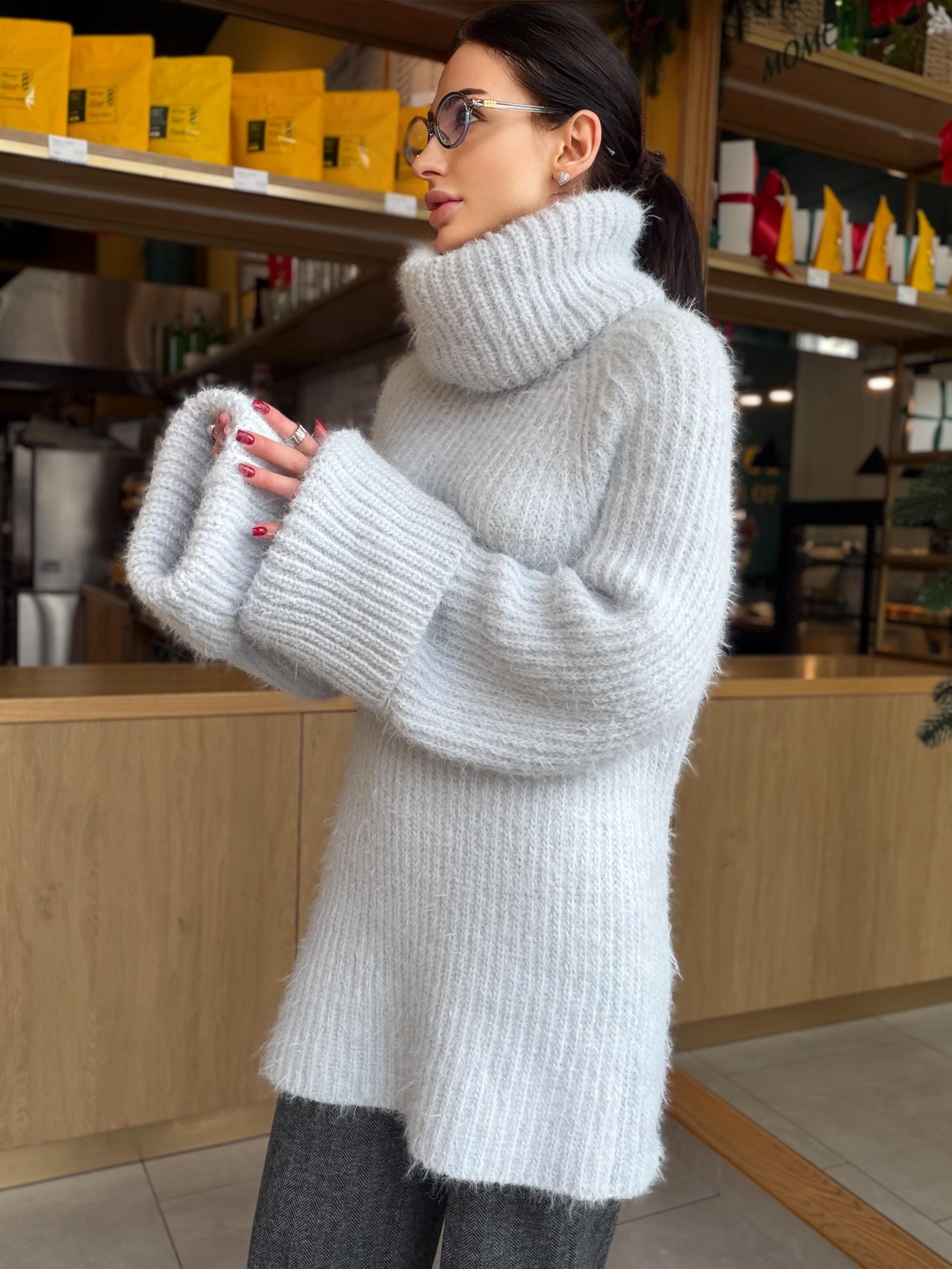Hand knit Light blue gray fluffy large merino wool turtleneck sweater High collar long soft chunky knit sweater dress Knit big pullover