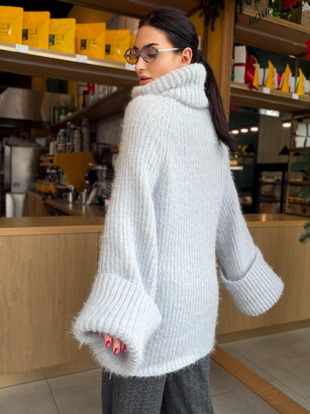 Hand knit Light blue gray fluffy large merino wool turtleneck sweater High collar long soft chunky knit sweater dress Knit big pullover