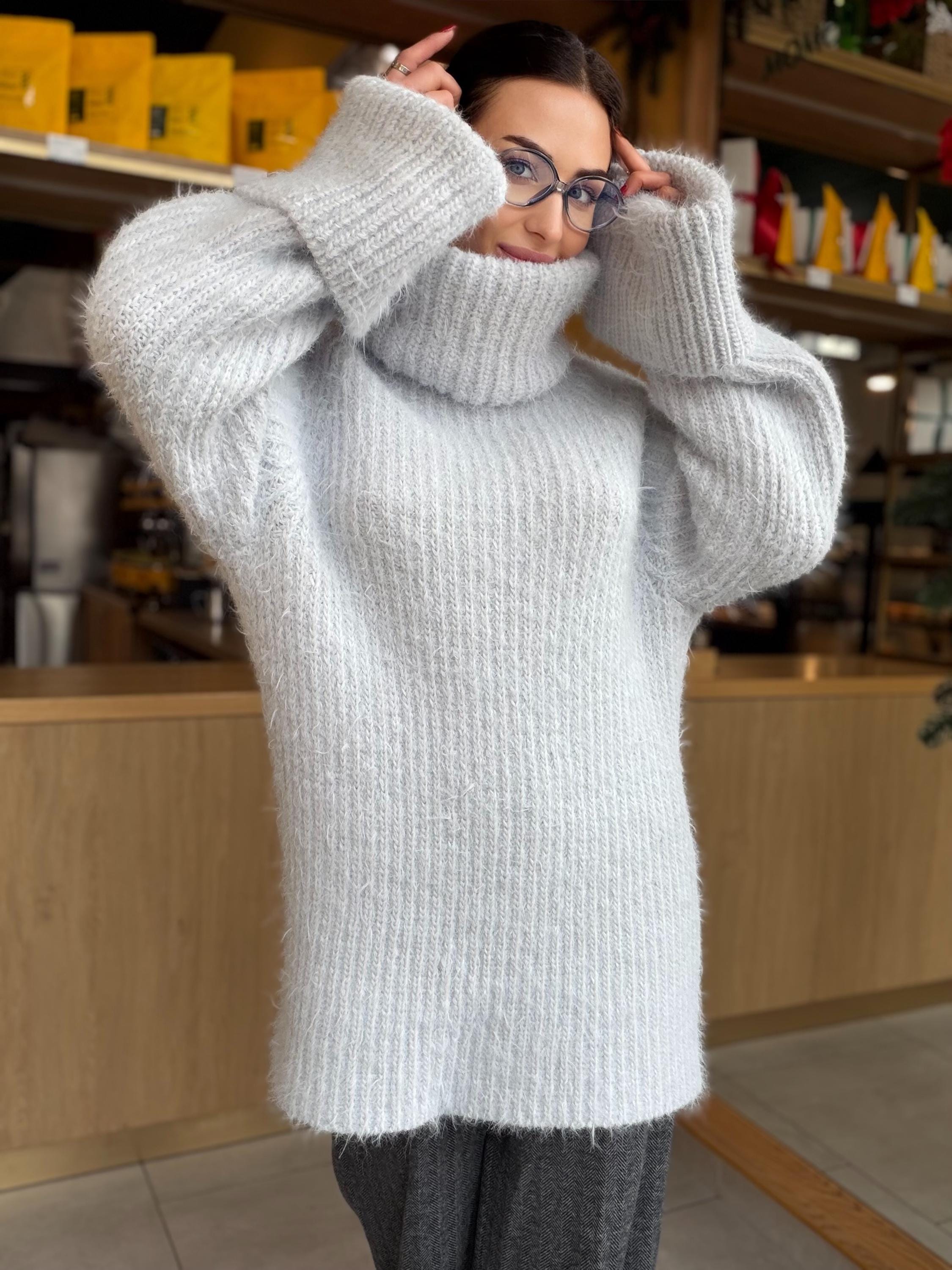 Hand knit Light blue gray fluffy large merino wool turtleneck sweater High collar long soft chunky knit sweater dress Knit big pullover