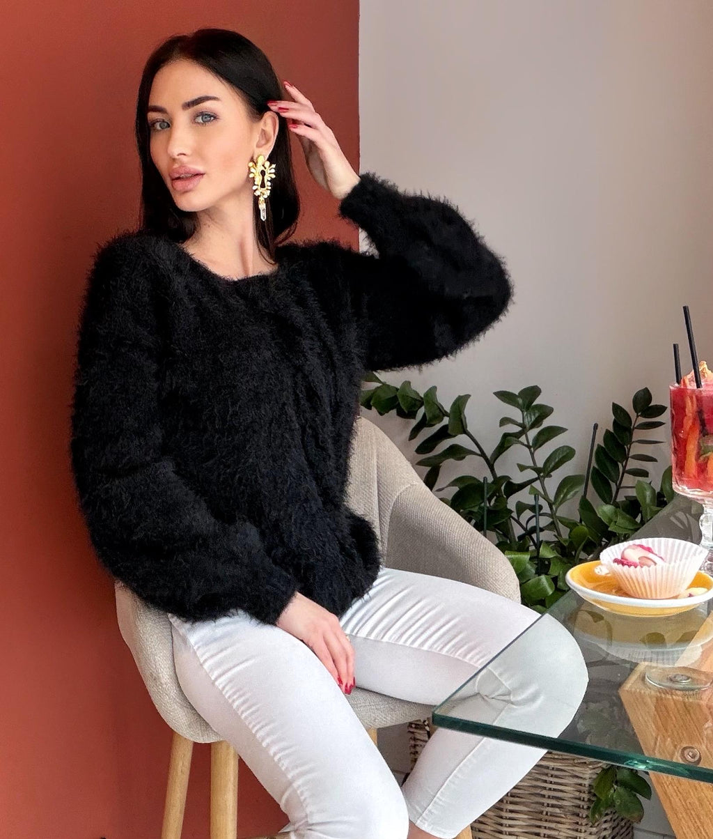 Black soft fluffy wool-free sweater Hand knit body friendly sweater Open back Deep neckline Fluffy pullover Loose fit V-neck angora wool