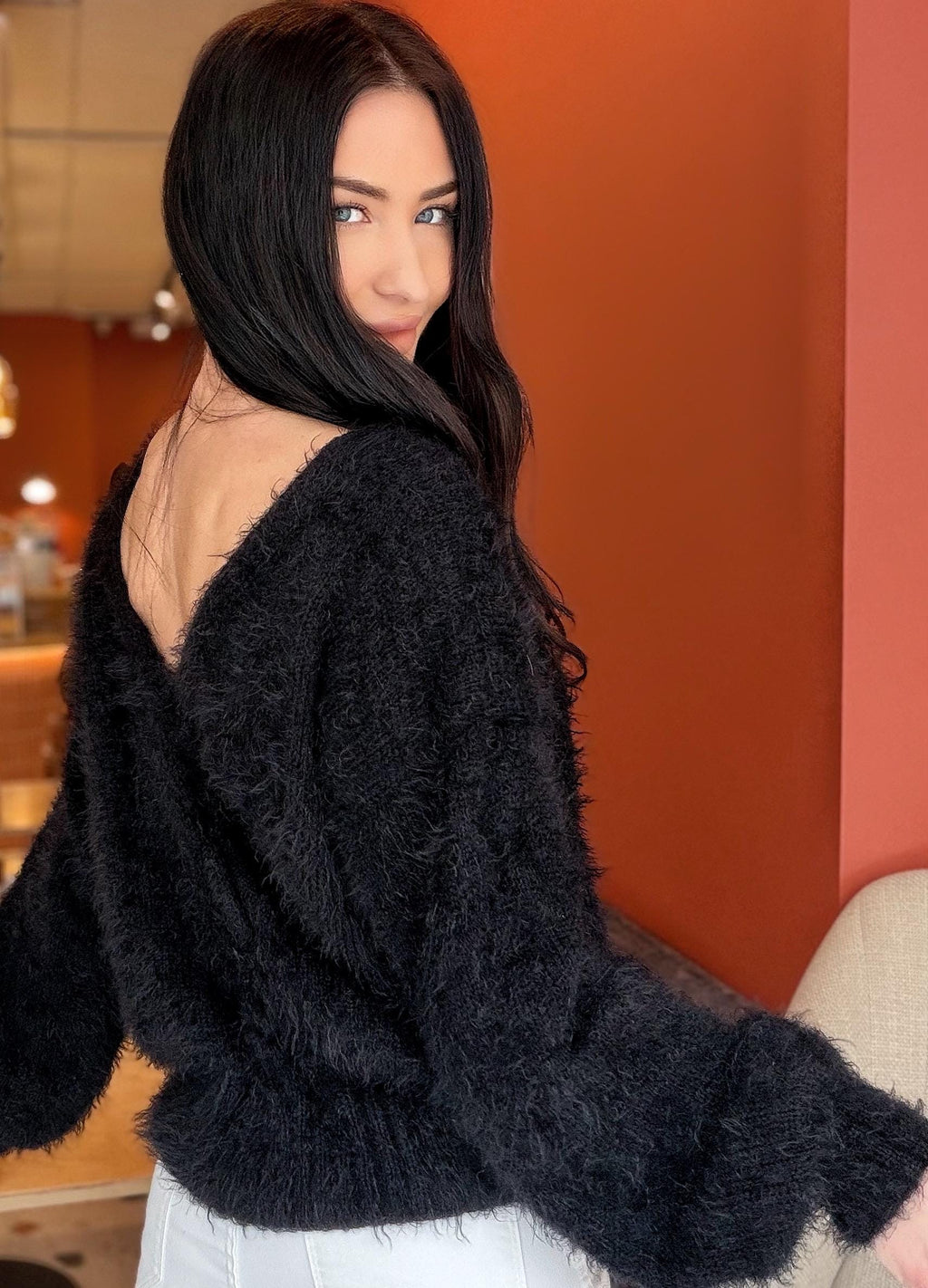 Black soft fluffy wool-free sweater Hand knit body friendly sweater Open back Deep neckline Fluffy pullover Loose fit V-neck angora wool