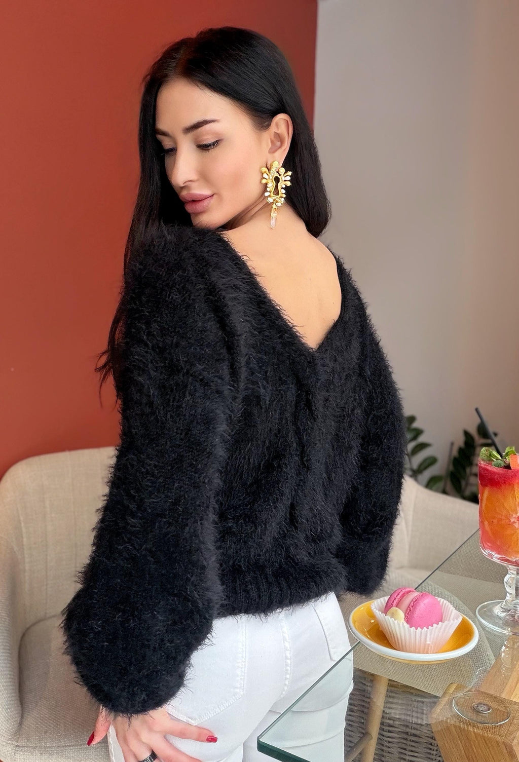 Black soft fluffy wool-free sweater Hand knit body friendly sweater Open back Deep neckline Fluffy pullover Loose fit V-neck angora wool