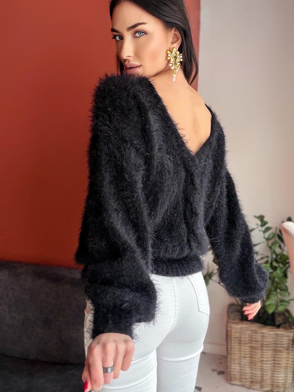 Black soft fluffy wool-free sweater Hand knit body friendly sweater Open back Deep neckline Fluffy pullover Loose fit V-neck angora wool