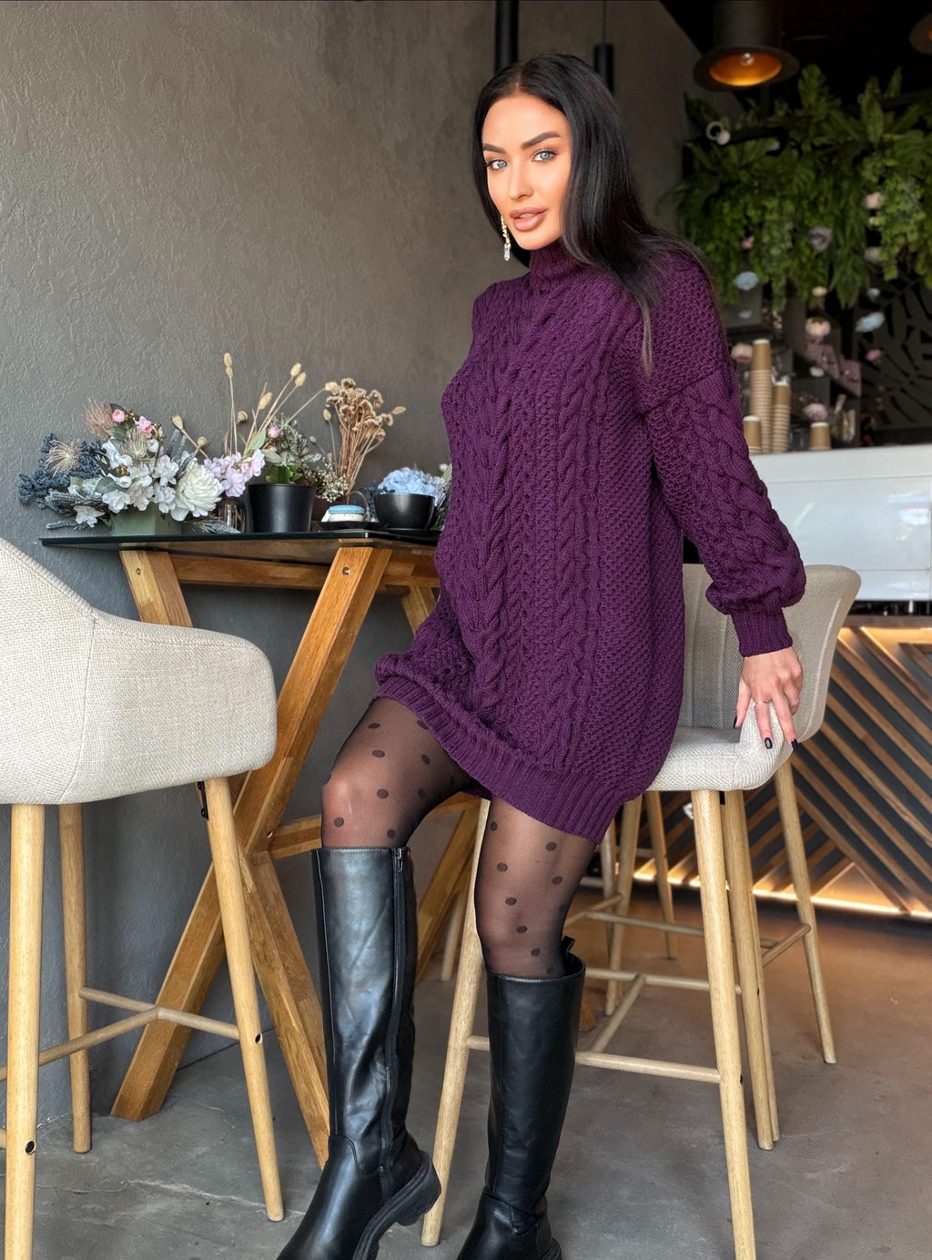 Aran long oversiz purple large cable knit wool sweater dress Turtleneck Traube hand knit women Сhunky knit sweater High collar