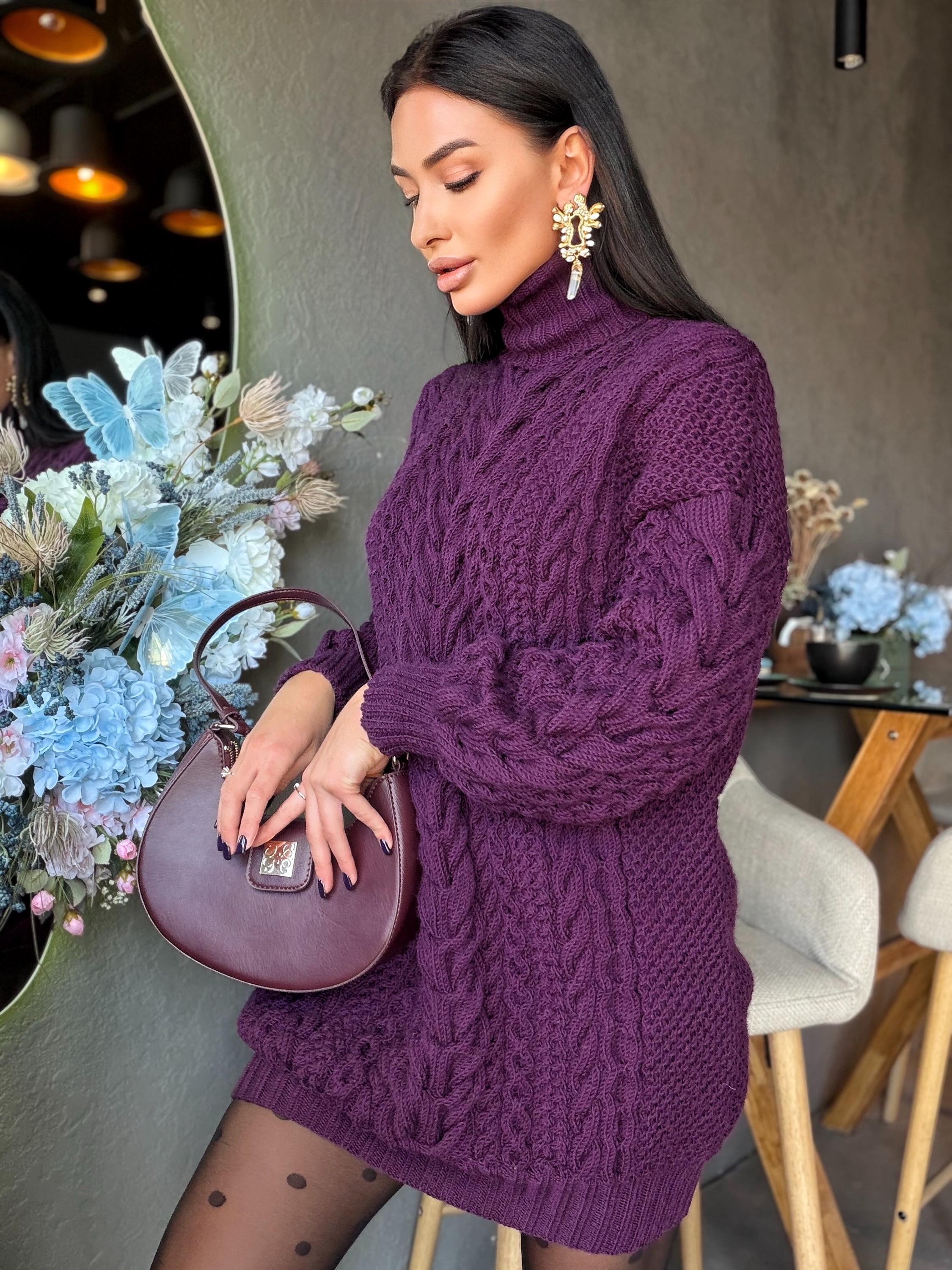 Aran long oversiz purple large cable knit wool sweater dress Turtleneck Traube hand knit women Сhunky knit sweater High collar