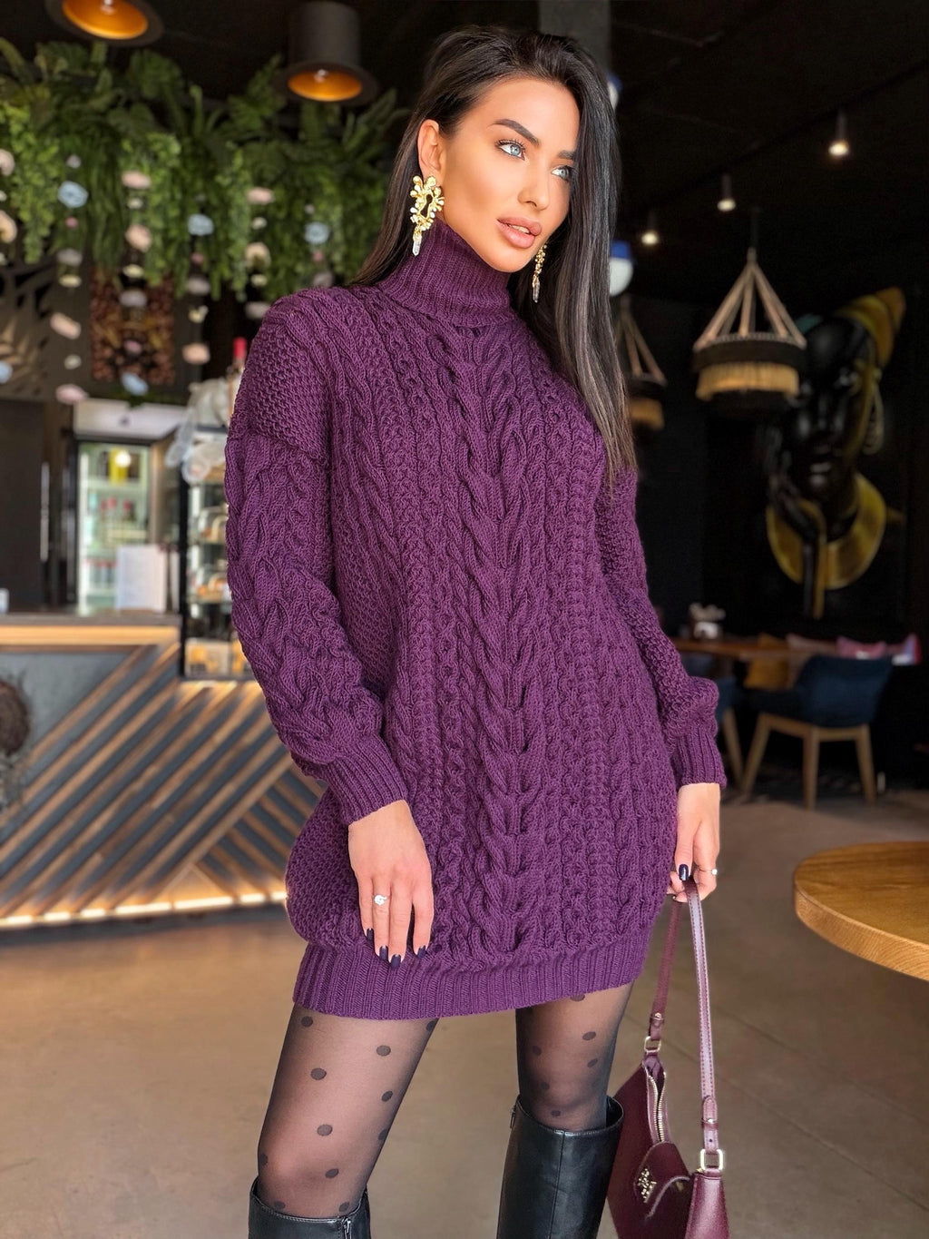 Aran long oversiz purple large cable knit wool sweater dress Turtleneck Traube hand knit women Сhunky knit sweater High collar
