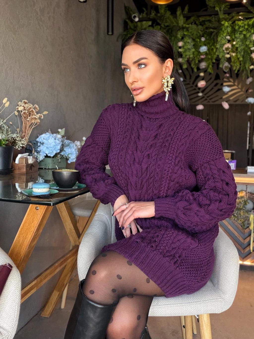 Aran long oversiz purple large cable knit wool sweater dress Turtleneck Traube hand knit women Сhunky knit sweater High collar