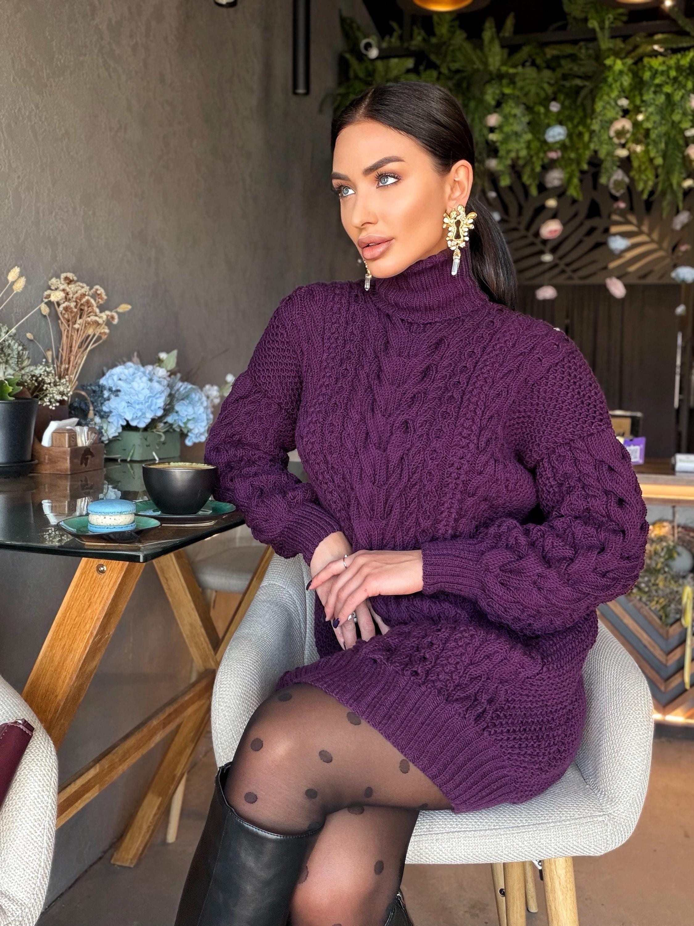Aran long oversiz purple large cable knit wool sweater dress Turtleneck Traube hand knit women Сhunky knit sweater High collar