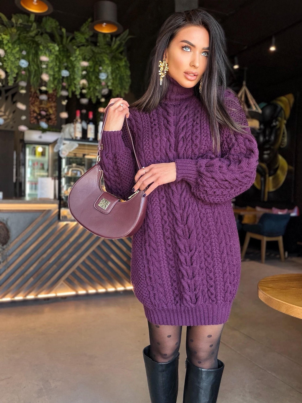 Aran long oversiz purple large cable knit wool sweater dress Turtleneck Traube hand knit women Сhunky knit sweater High collar