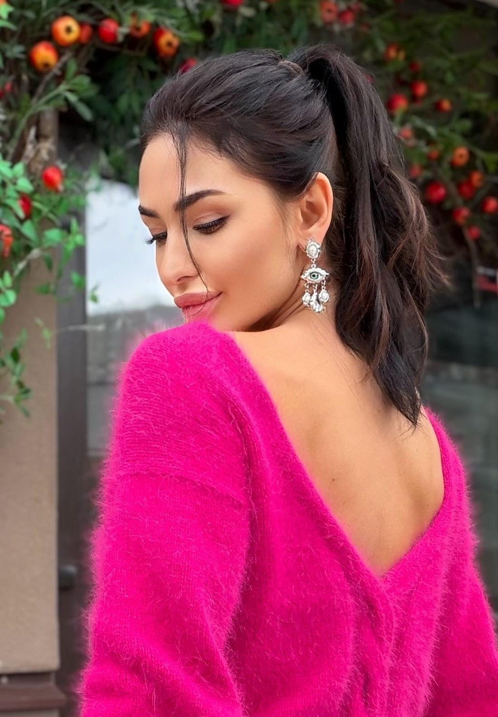 White Milk Cream angora sweater Open back Deep neckline Knit fluffy angora pullover Loose fit oversized V-neck Top long sleevs Cozy gift her