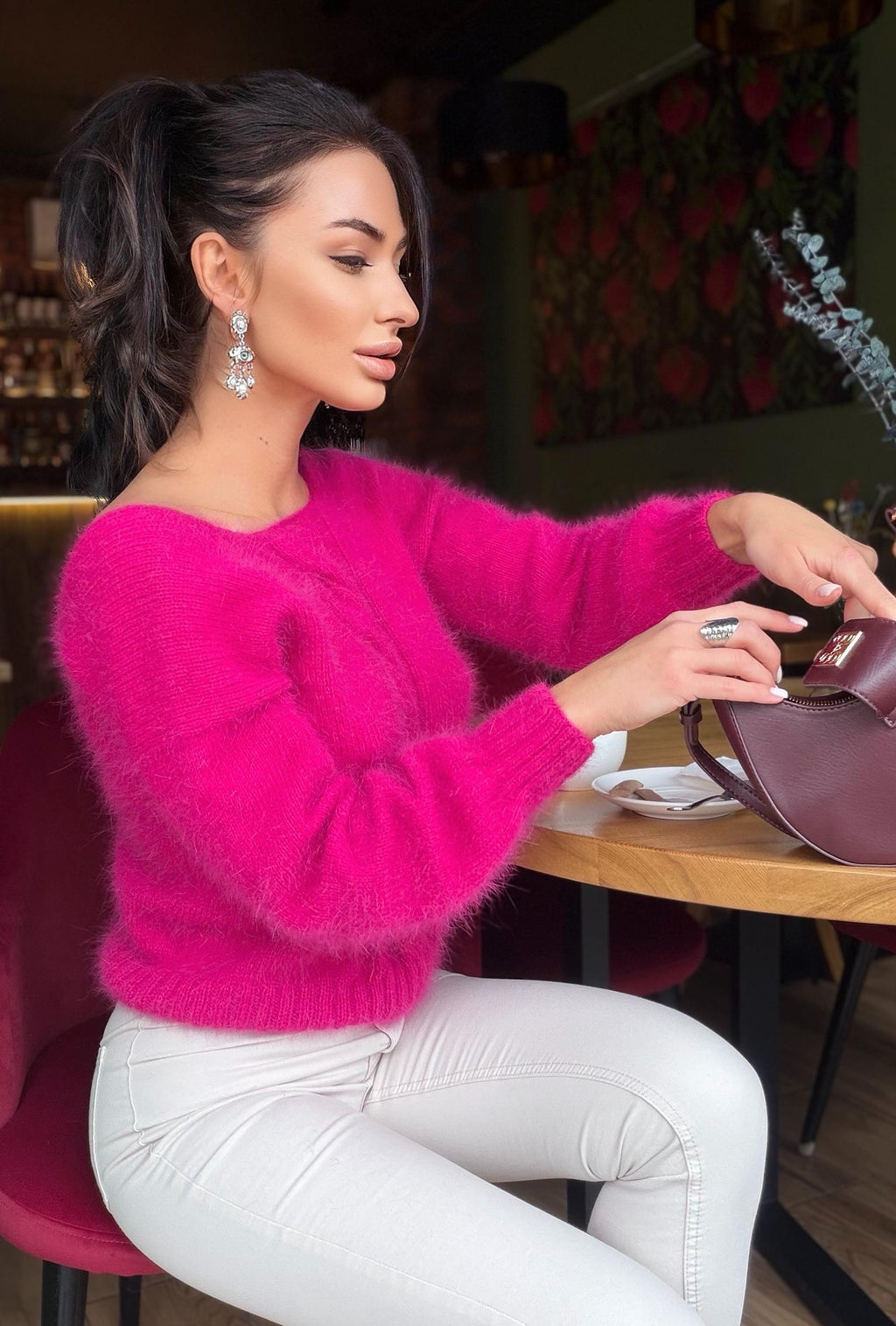 White Milk Cream angora sweater Open back Deep neckline Knit fluffy angora pullover Loose fit oversized V-neck Top long sleevs Cozy gift her