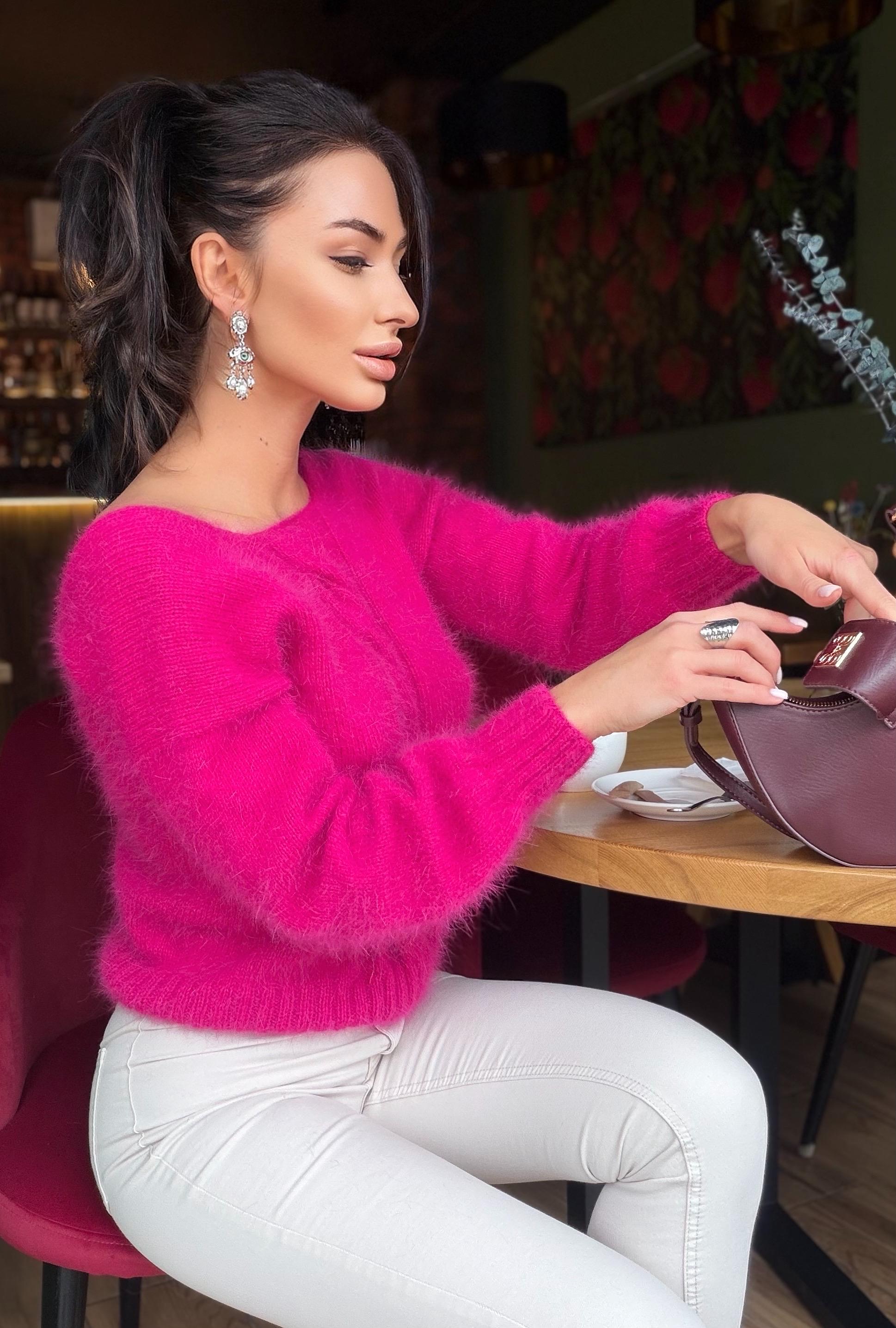 White Milk Cream angora sweater Open back Deep neckline Knit fluffy angora pullover Loose fit oversized V-neck Top long sleevs Cozy gift her