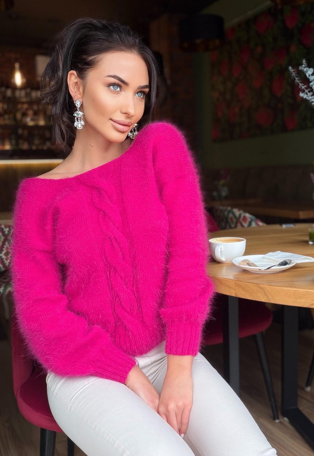 White Milk Cream angora sweater Open back Deep neckline Knit fluffy angora pullover Loose fit oversized V-neck Top long sleevs Cozy gift her