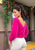White Milk Cream angora sweater Open back Deep neckline Knit fluffy angora pullover Loose fit oversized V-neck Top long sleevs Cozy gift her