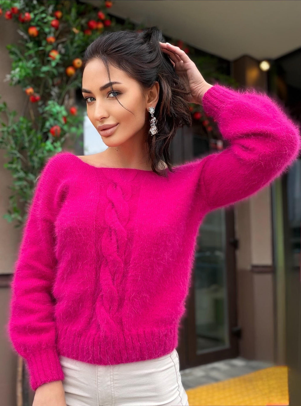Hand knit fuchsia pink double-sided angora open back/deep neckline pullover Knit fluffy angora Loose fit oversized V-neck sweater top