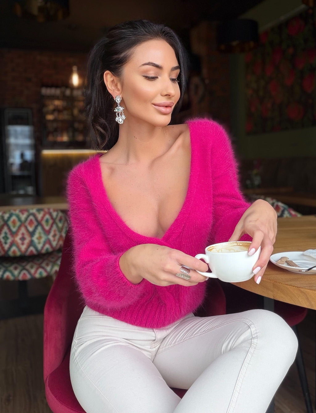 Hand knit fuchsia pink double-sided angora open back/deep neckline pullover Knit fluffy angora Loose fit oversized V-neck sweater top