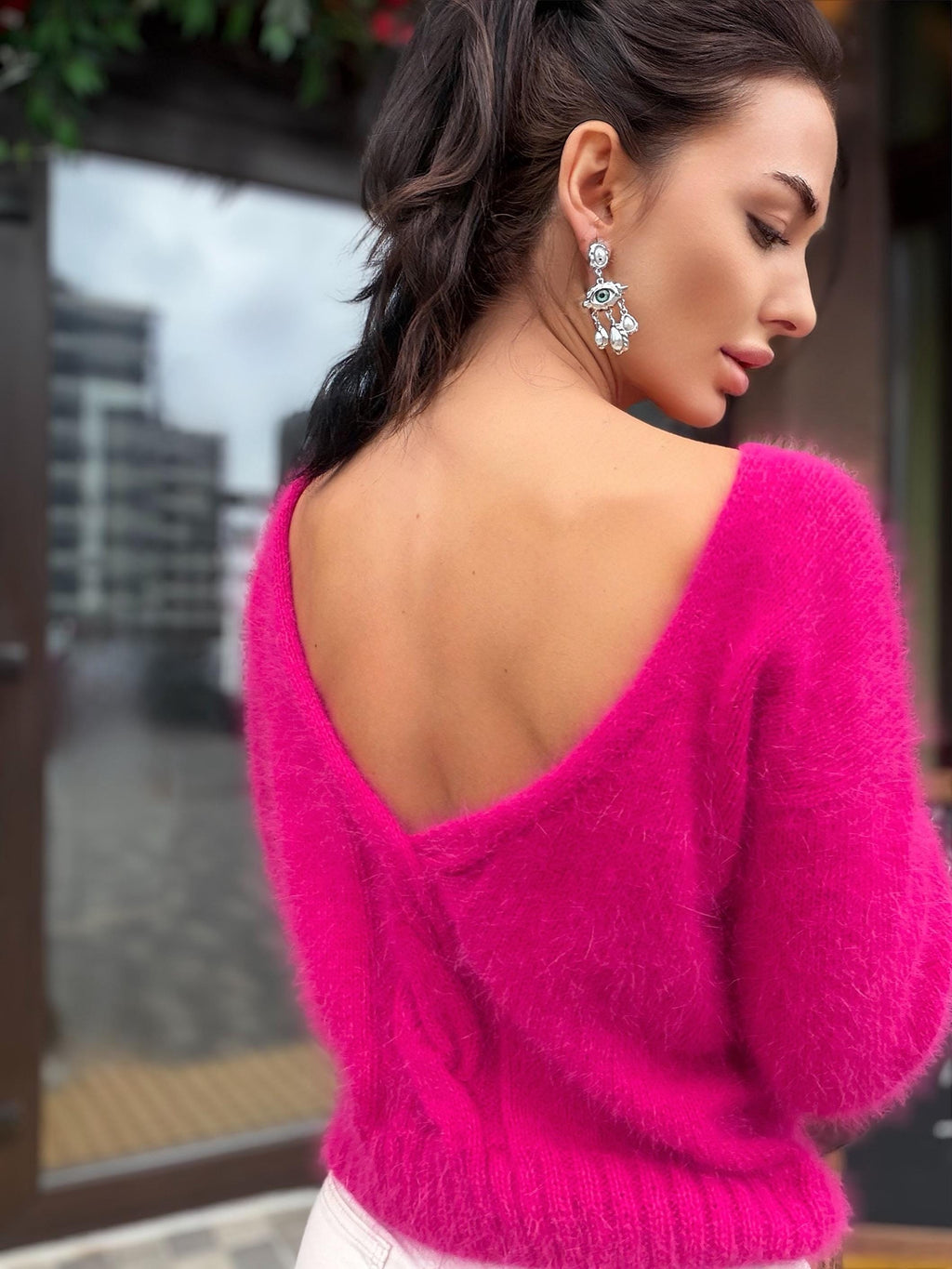Hand knit fuchsia pink double-sided angora open back/deep neckline pullover Knit fluffy angora Loose fit oversized V-neck sweater top