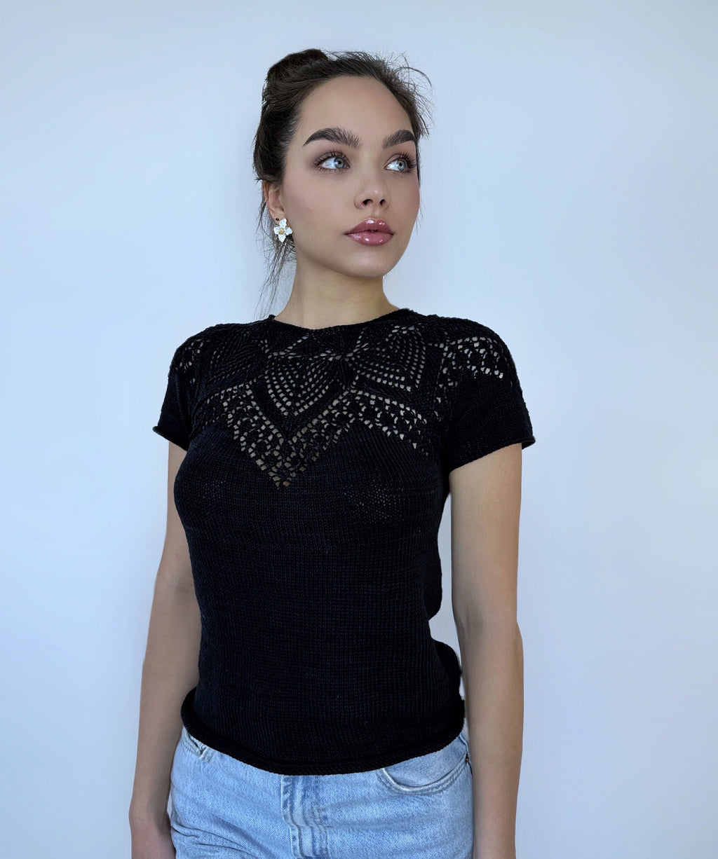 Knit cotton openwork top T-shirt women Slim Black Sweater short-sleeve Eco Friendly Pullover Knitted Cape Bridal sweater Croche pullover
