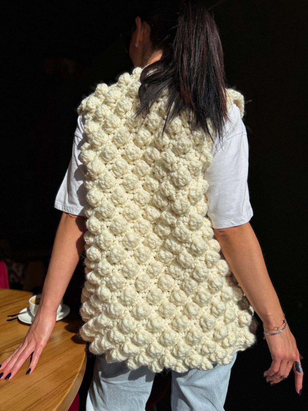 Crochet hand made alpaca wool milk cream sweater vest « balls» Chunky hand knit wool large long bubbles vest sleeveless with a knitted belt