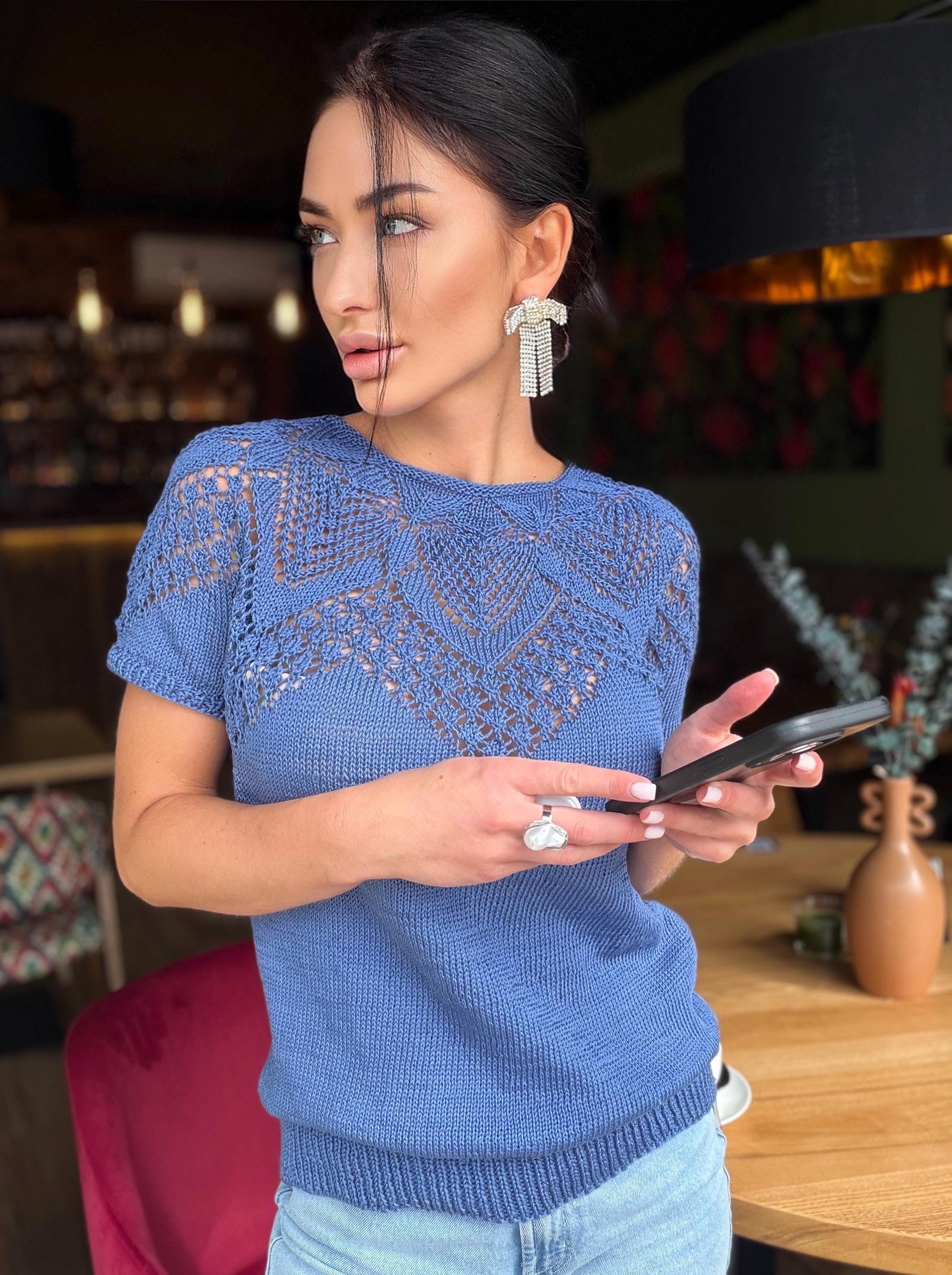 Hand knit cotton openwork light blue top T-shirt color "jeans" Spring crochet sweater top short-sleeve Eco Friendly pullover sleeveless