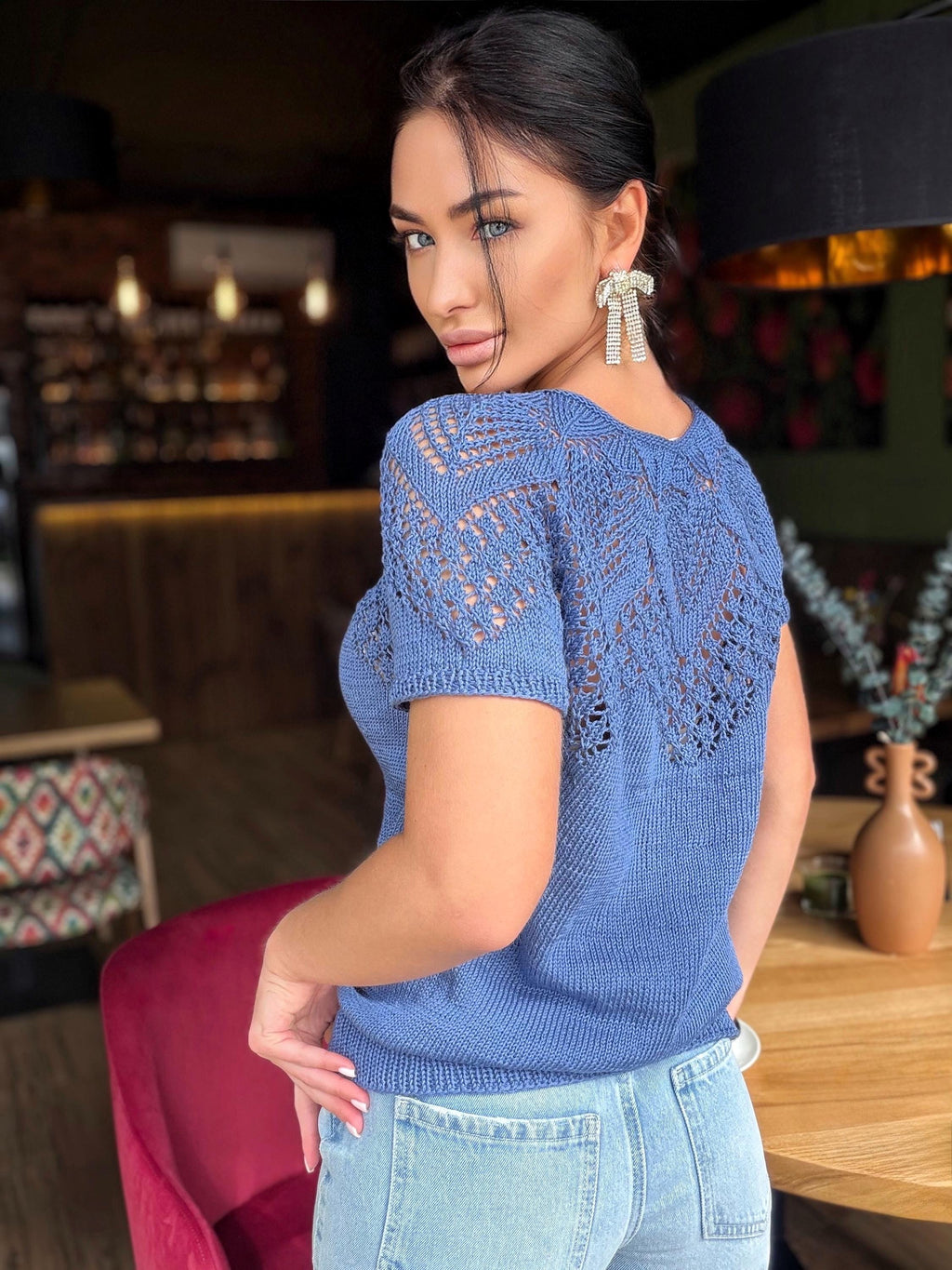 Hand knit cotton openwork light blue top T-shirt color "jeans" Spring crochet sweater top short-sleeve Eco Friendly pullover sleeveless