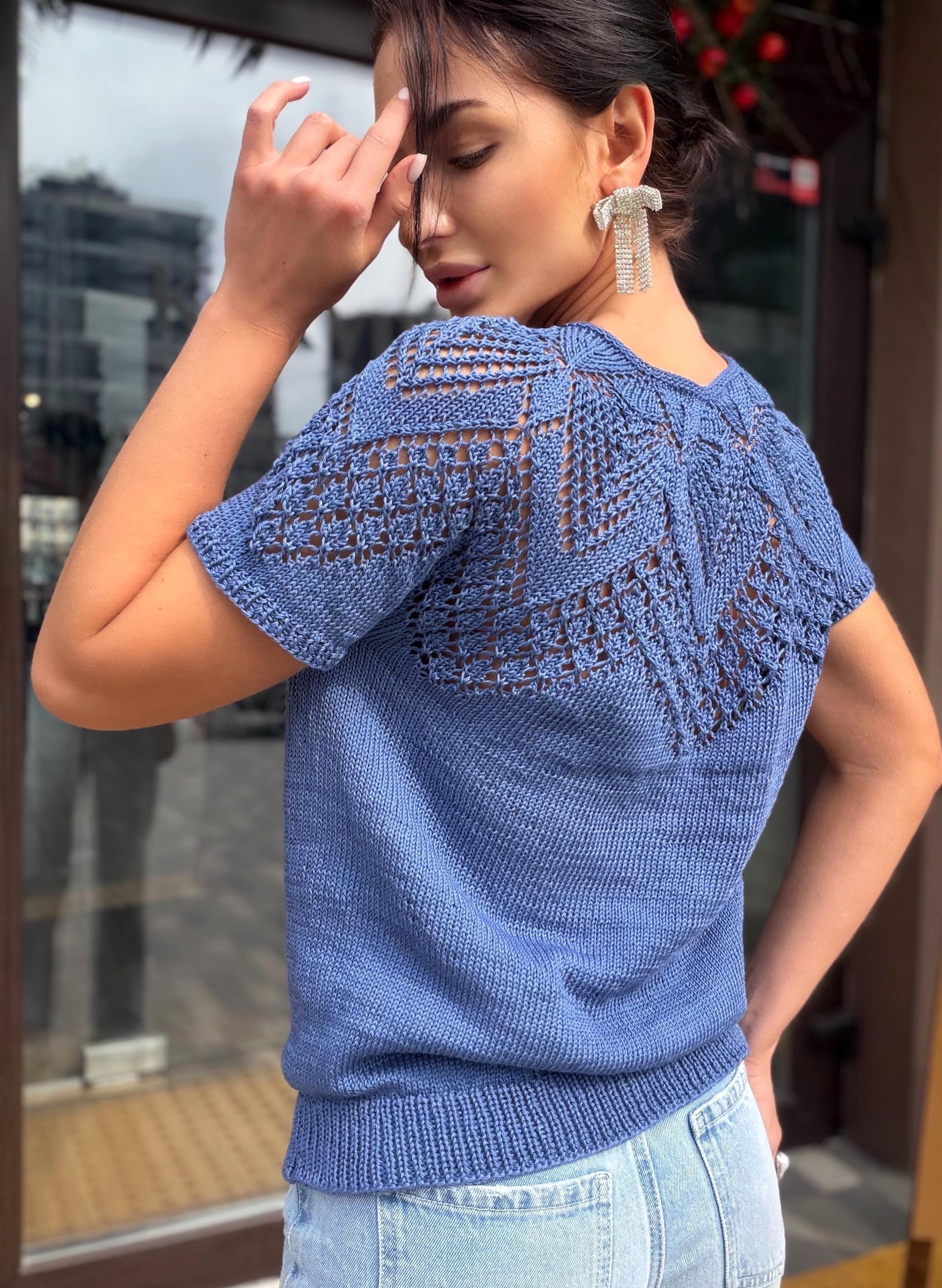 Hand knit cotton openwork light blue top T-shirt color "jeans" Spring crochet sweater top short-sleeve Eco Friendly pullover sleeveless