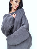 Chunky knit ribbed graphite grey merino wool sweater dress womens Large wool big Khaki Jumper Fall sweater long sleeves boat neck