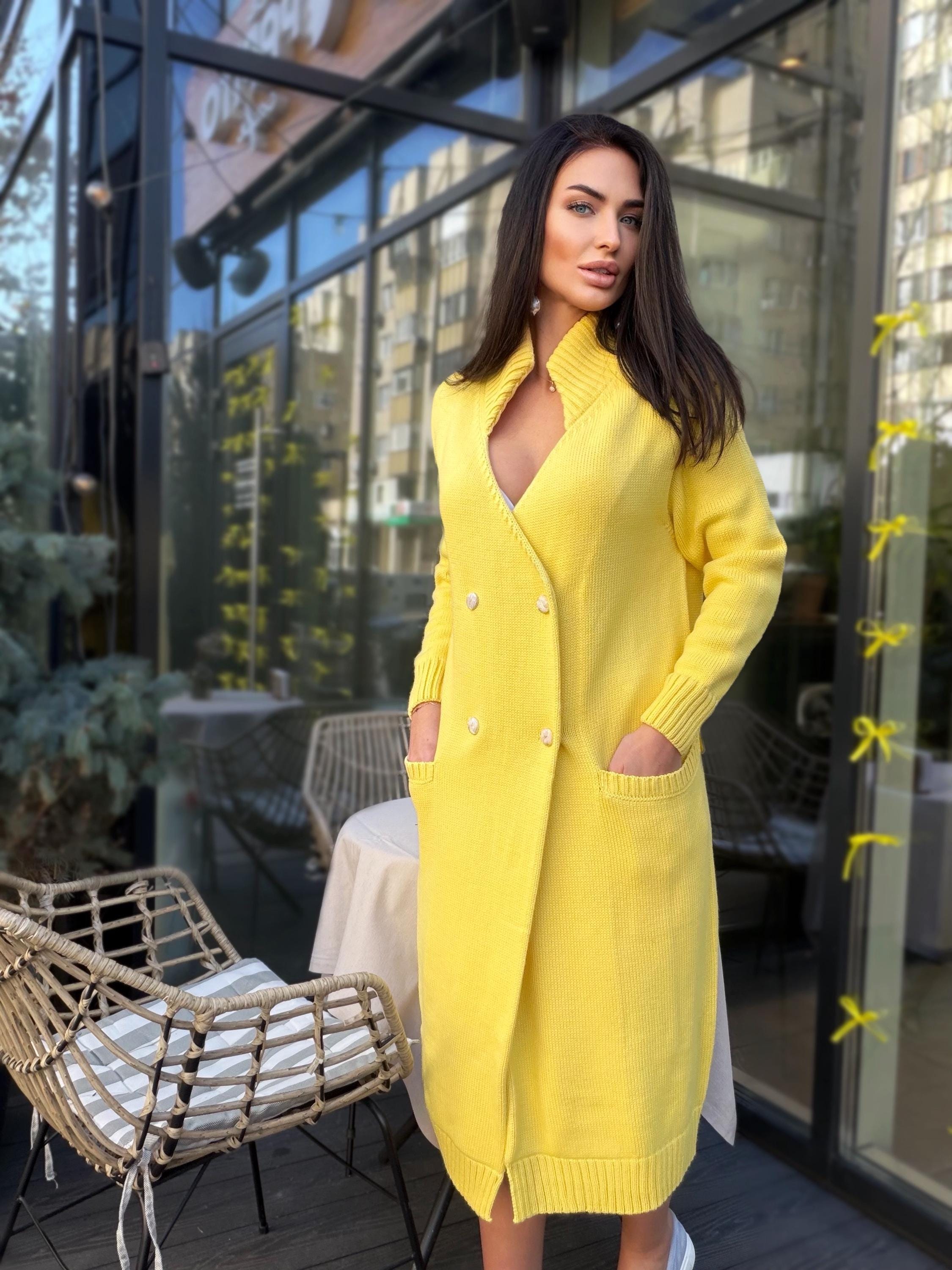 Yellow Sunny midi knit large wool cardigan on buttons Cocoon knit midi V-neck high collar coat hand knit cardigan womens