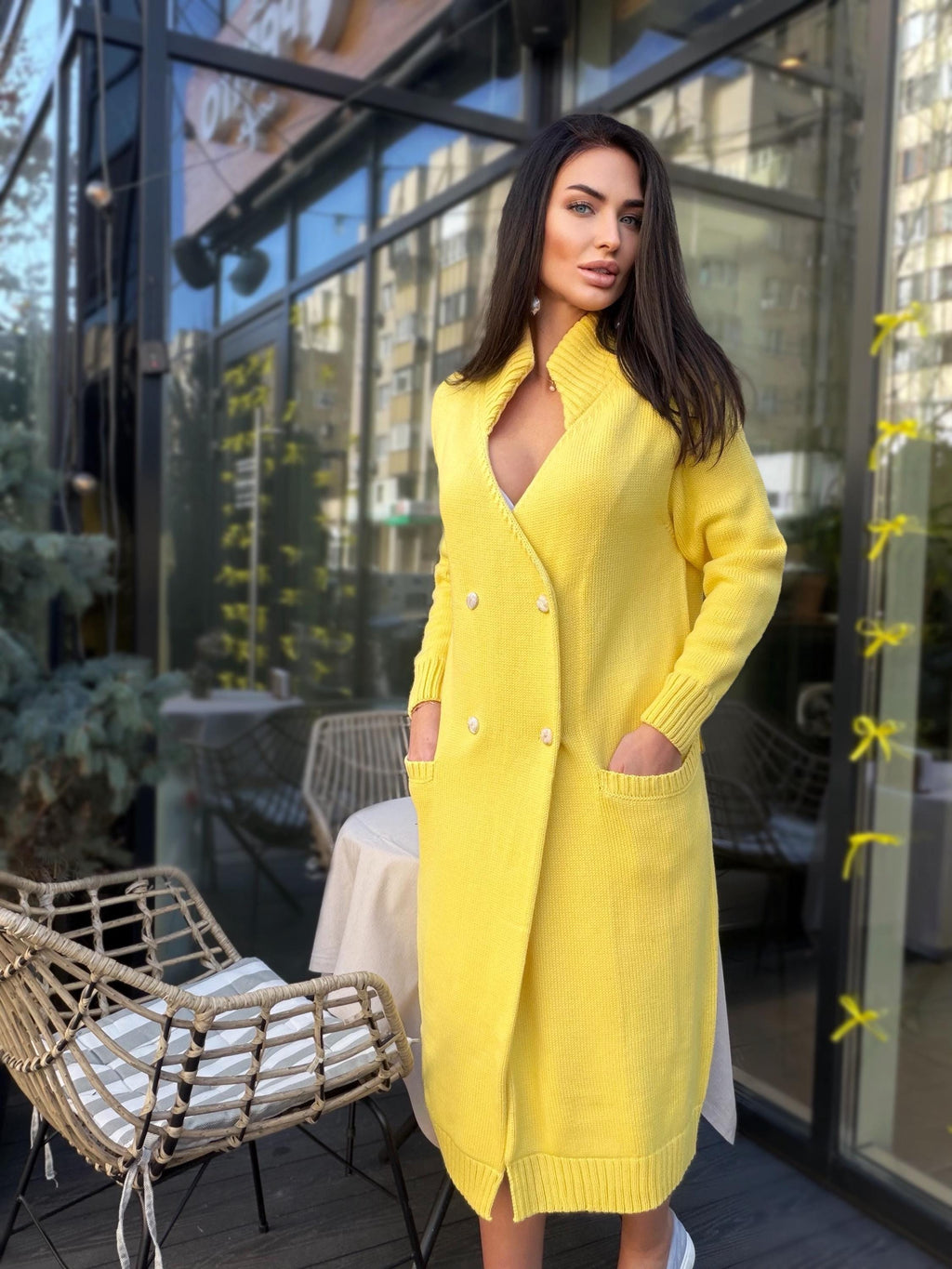 Hand knit Yellow midi wool knit large cardigan - turtleneck on buttons Cocoon knit midi V-neck high collar coat hand knit cardigan womens